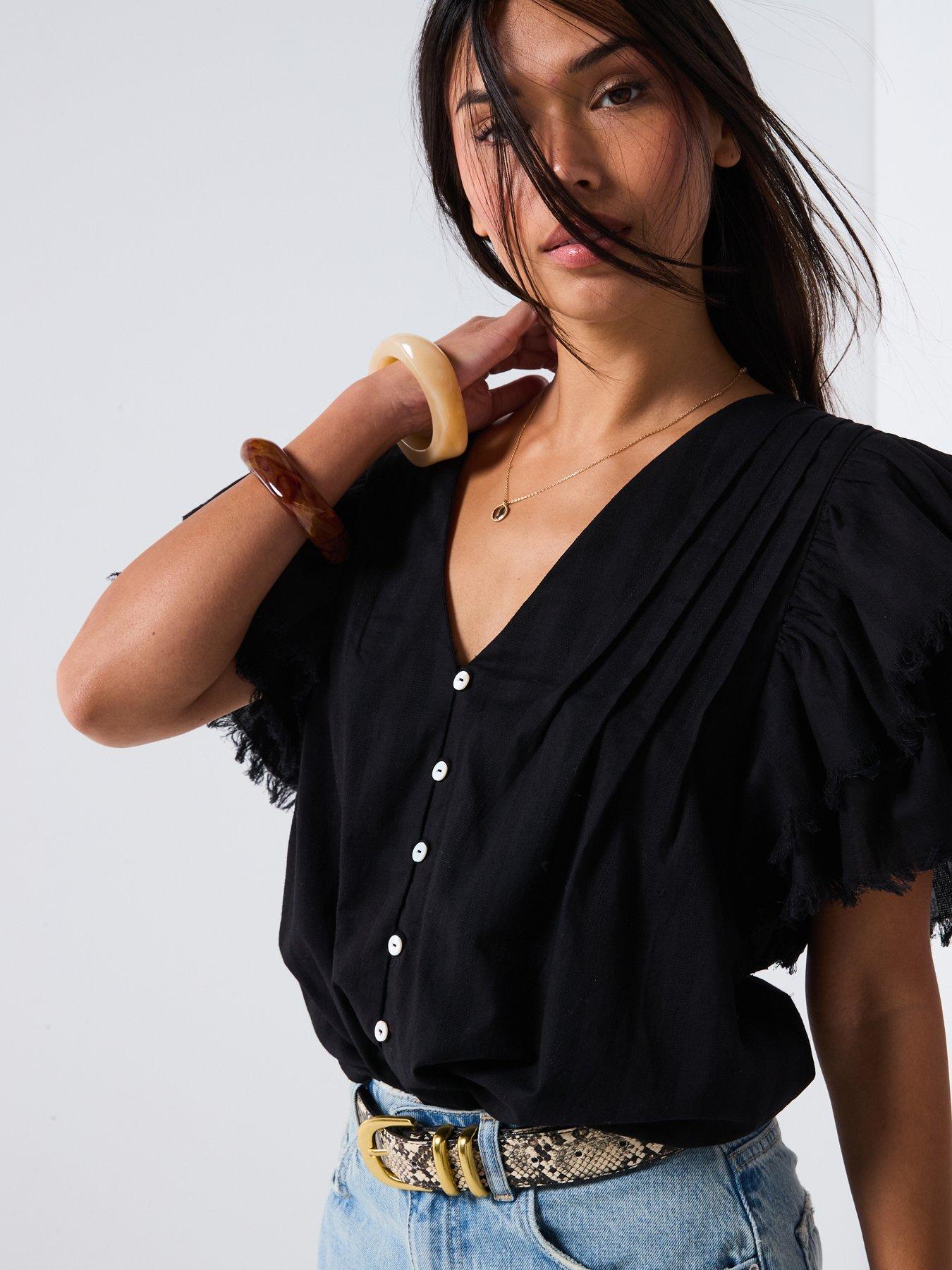 Image 6 of 6 of V by Very V Neck Fluted Blouse - Black