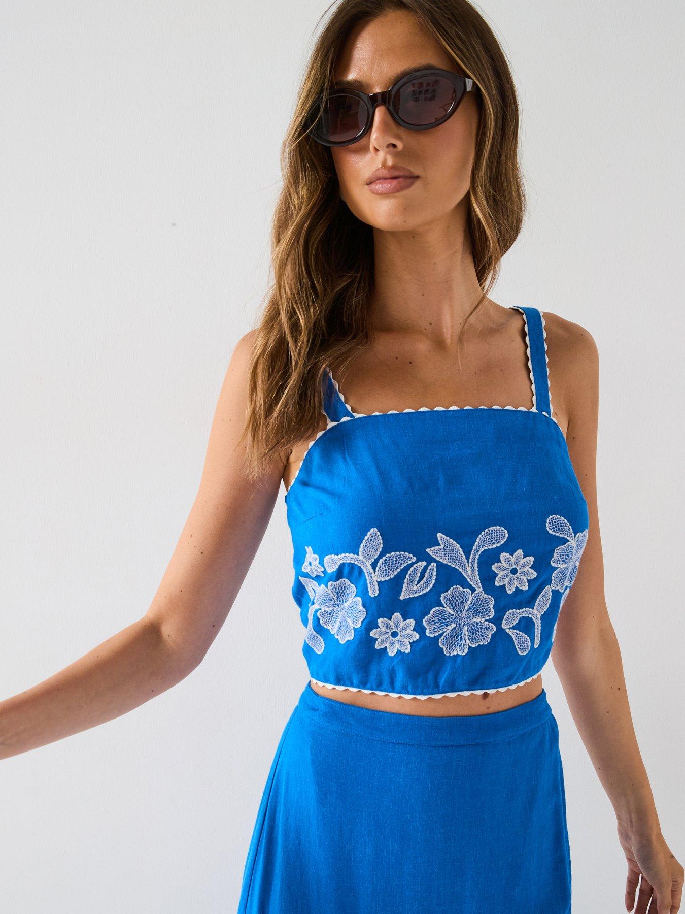 undefined Strappy Embroidered Crop Top Co-Ord - Blue