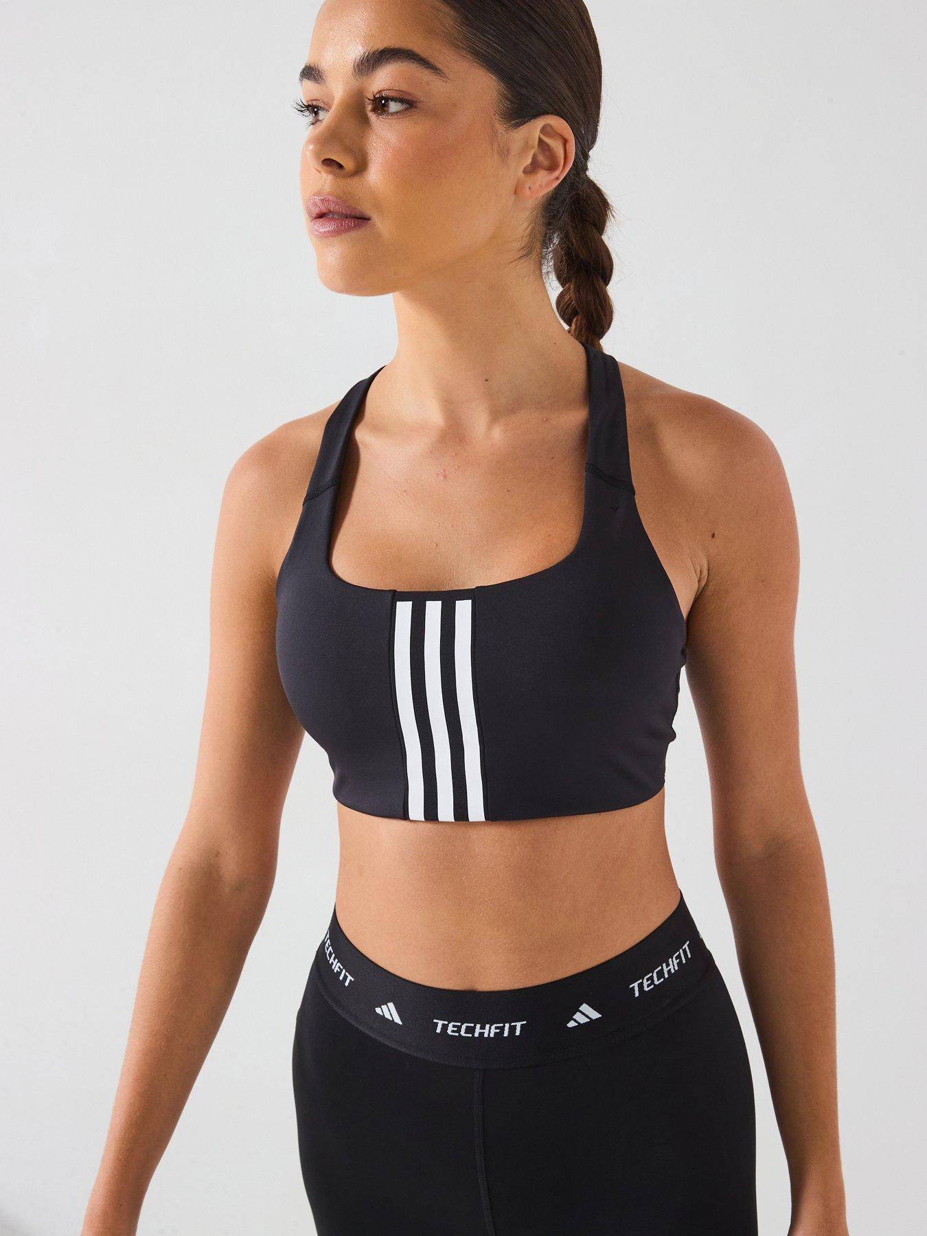 adidas Womens Training 3 Stripe Midi Support Sports Bra - Black