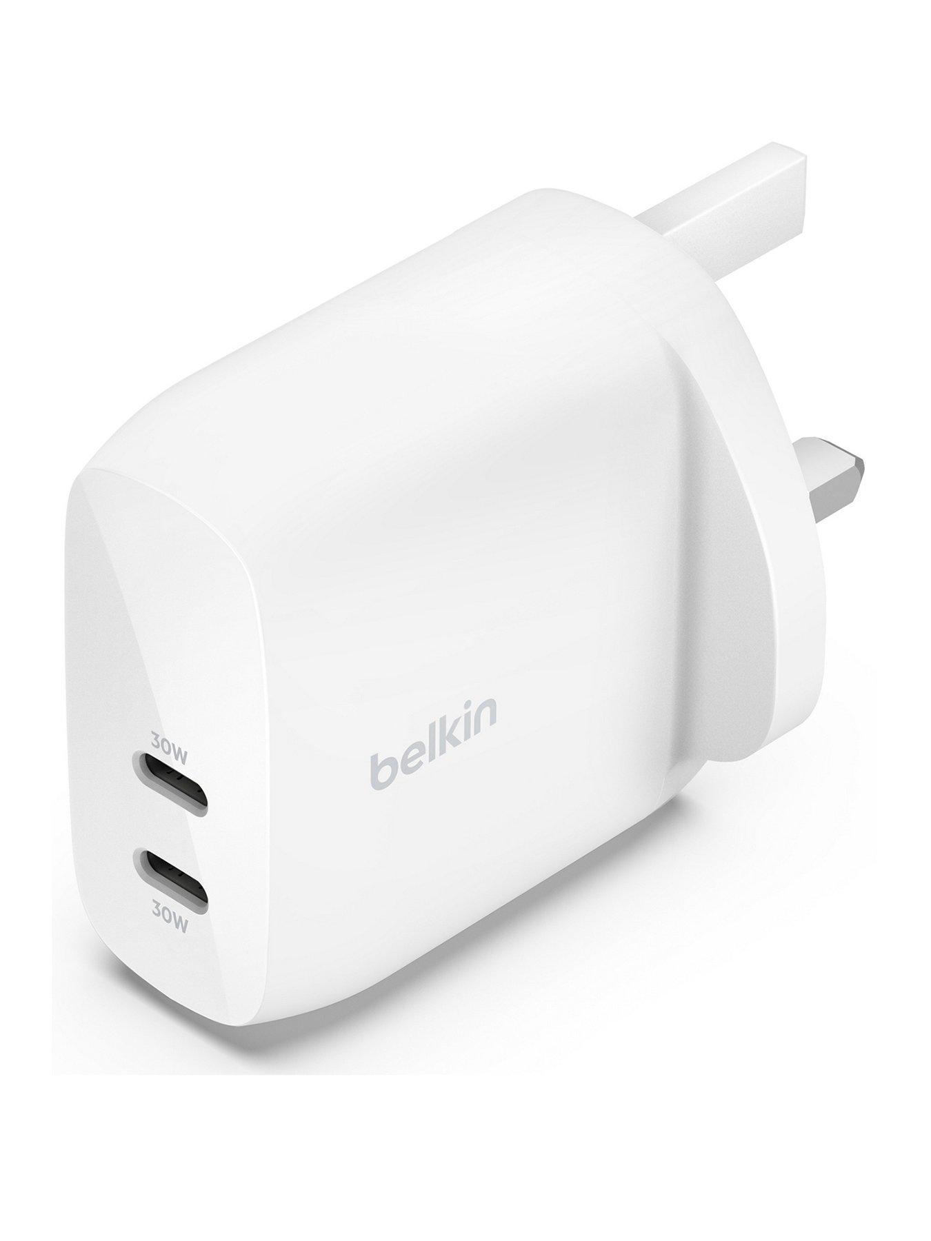 front image of belkin-60w-usb-c-dual-port-wall-charger-white