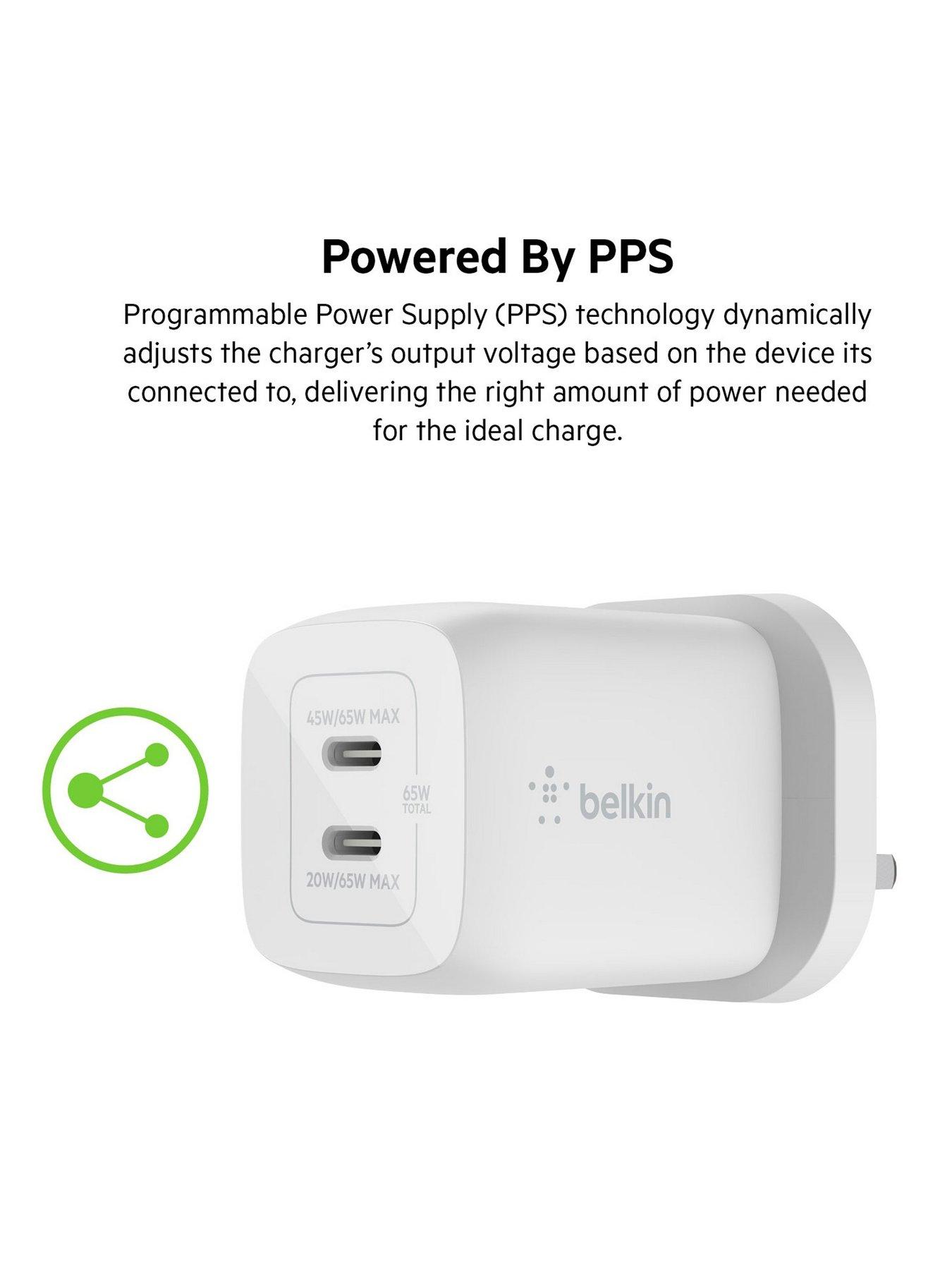  image of belkin-45w-power-delivery-dual-usb-c-gan-wall-charger-white
