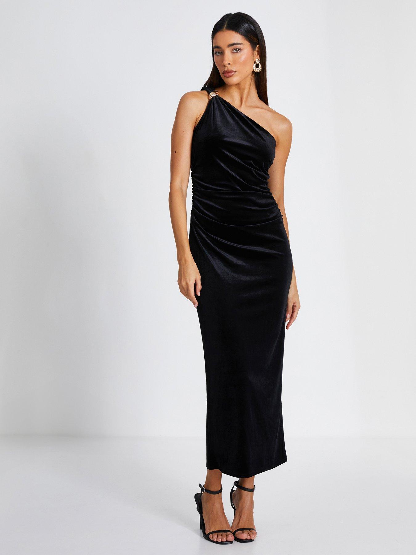 Black velvet one shoulder dress hotsell