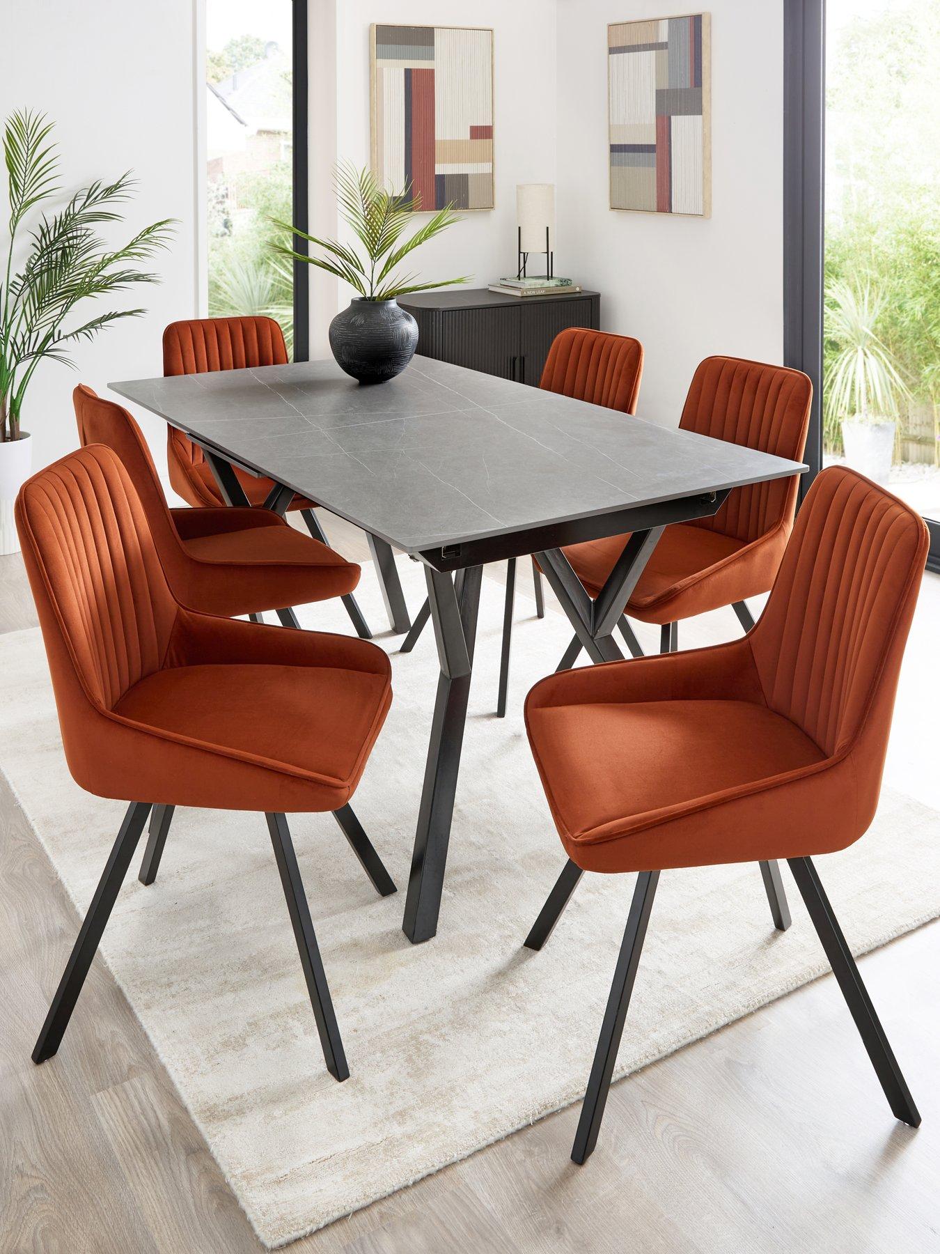 very-home-corbin-160-200-cm-extending-black-dining-table-6-marlow-rust-dining-chairs