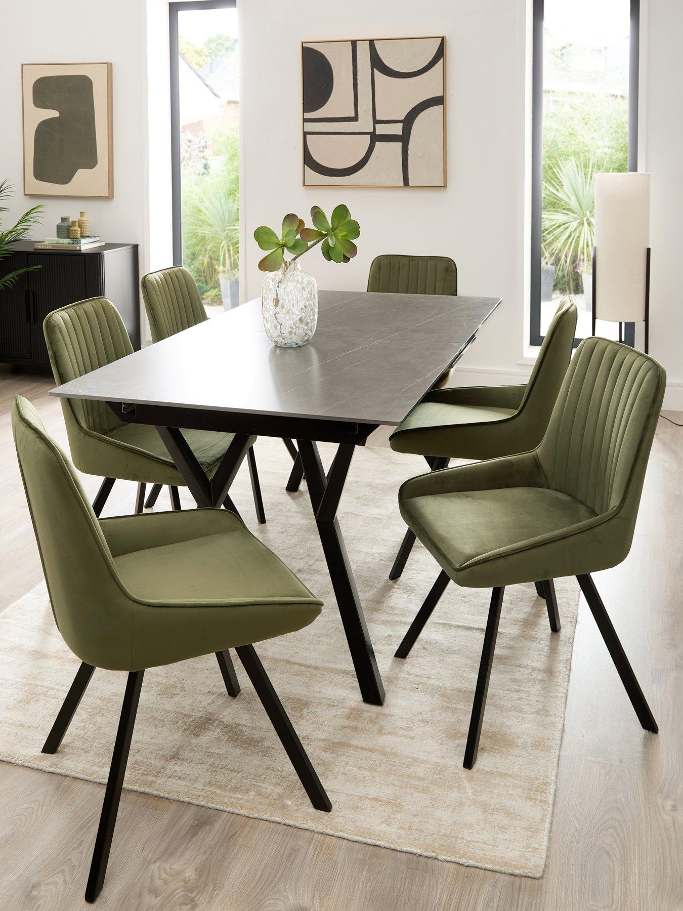 very-home-corbin-160-200nbspcm-extending-blacknbspdining-table-6-marlow-moss-green-dining-chairs