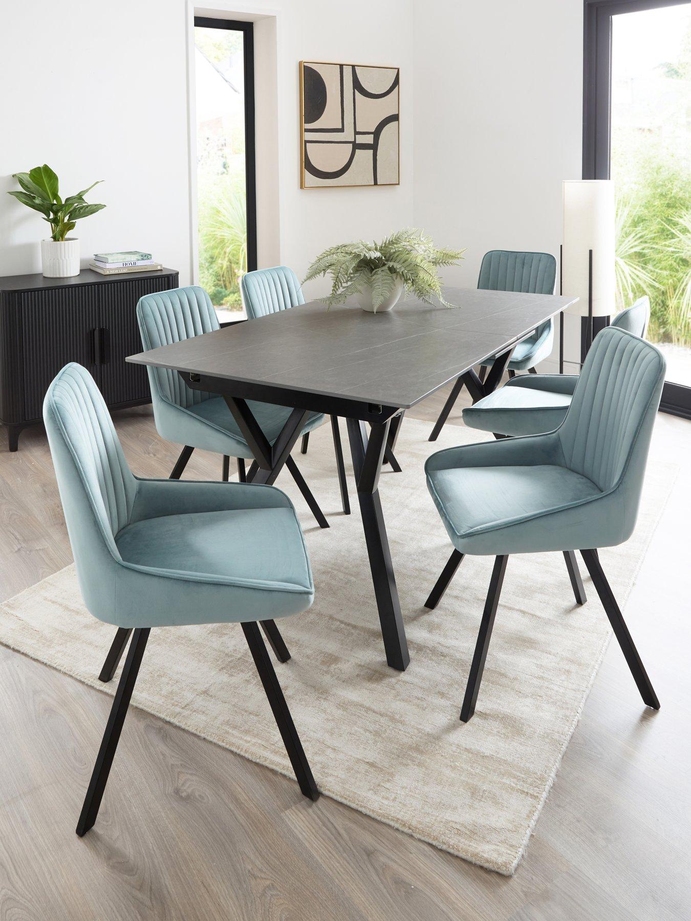 Very Home Corbin 160-200 cm Extending Black Dining Table + 6 Marlow Dusty Blue Dining Chairs