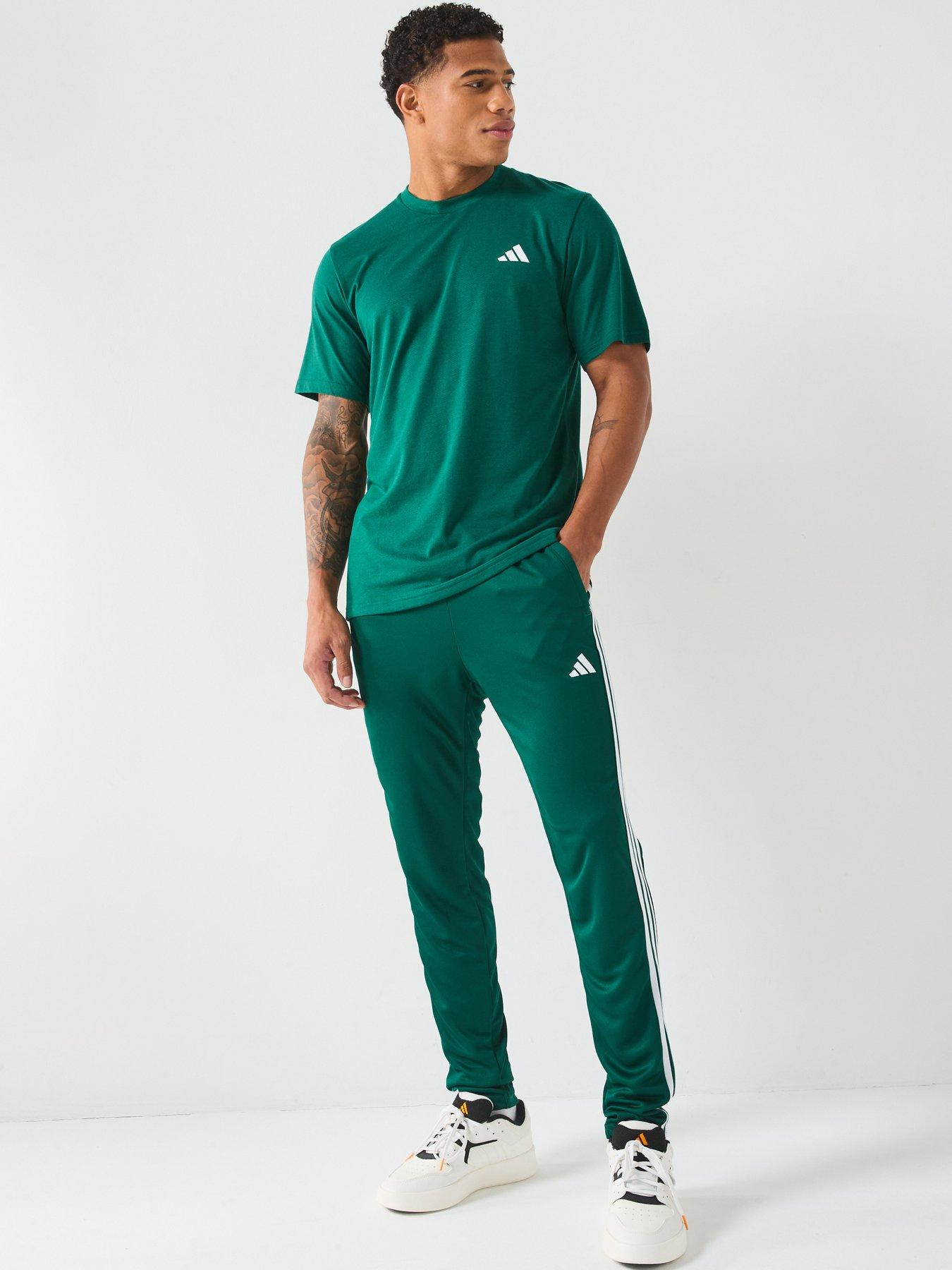  image of adidas-mens-train-essentials-base-3-stripe-pants-collegiate-greenwhite