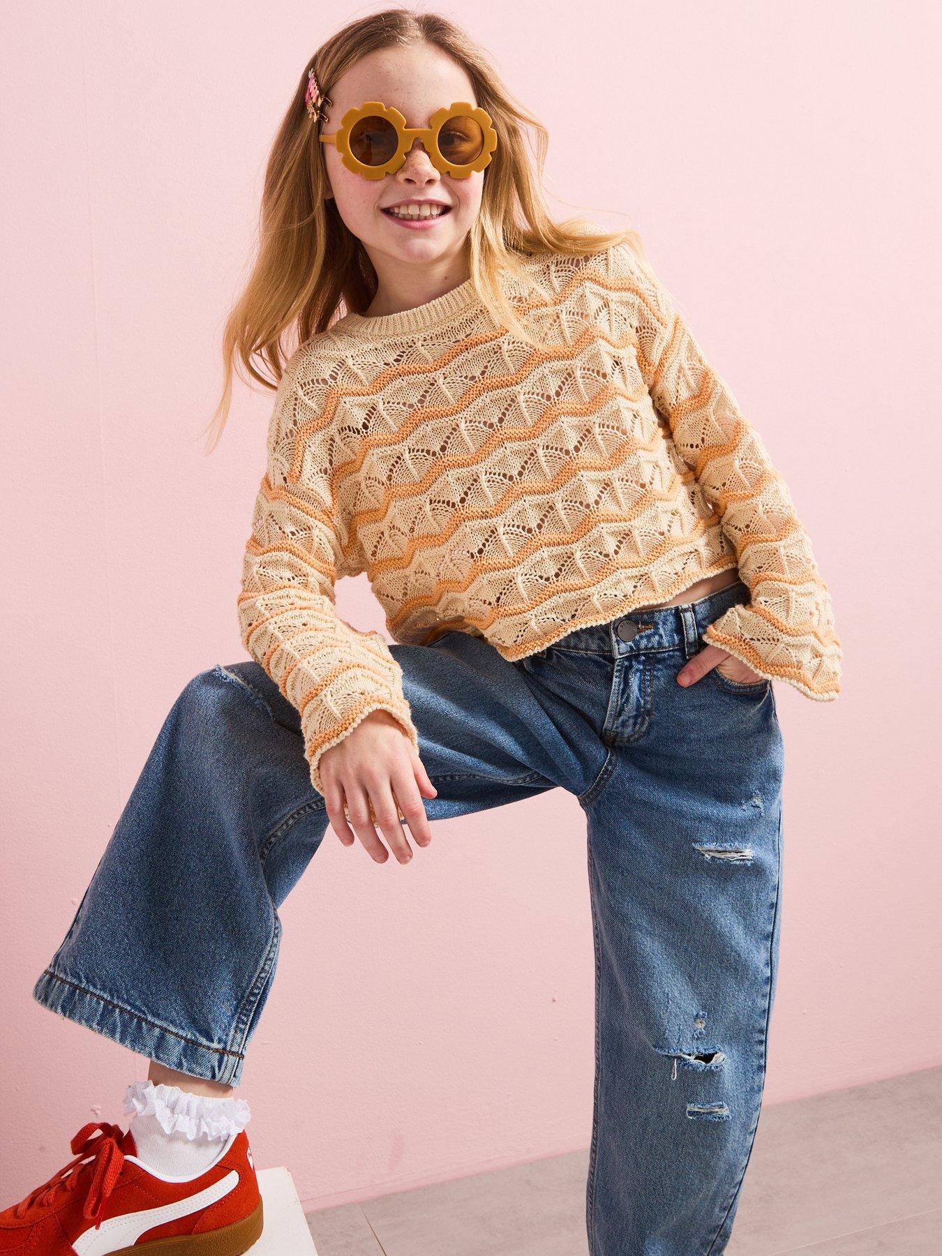  image of only-kids-girls-stripe-crochet-jumper-caramel-cream