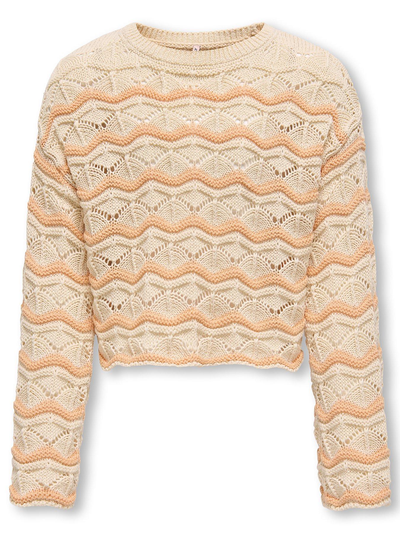  image of only-kids-girls-stripe-crochet-jumper-caramel-cream