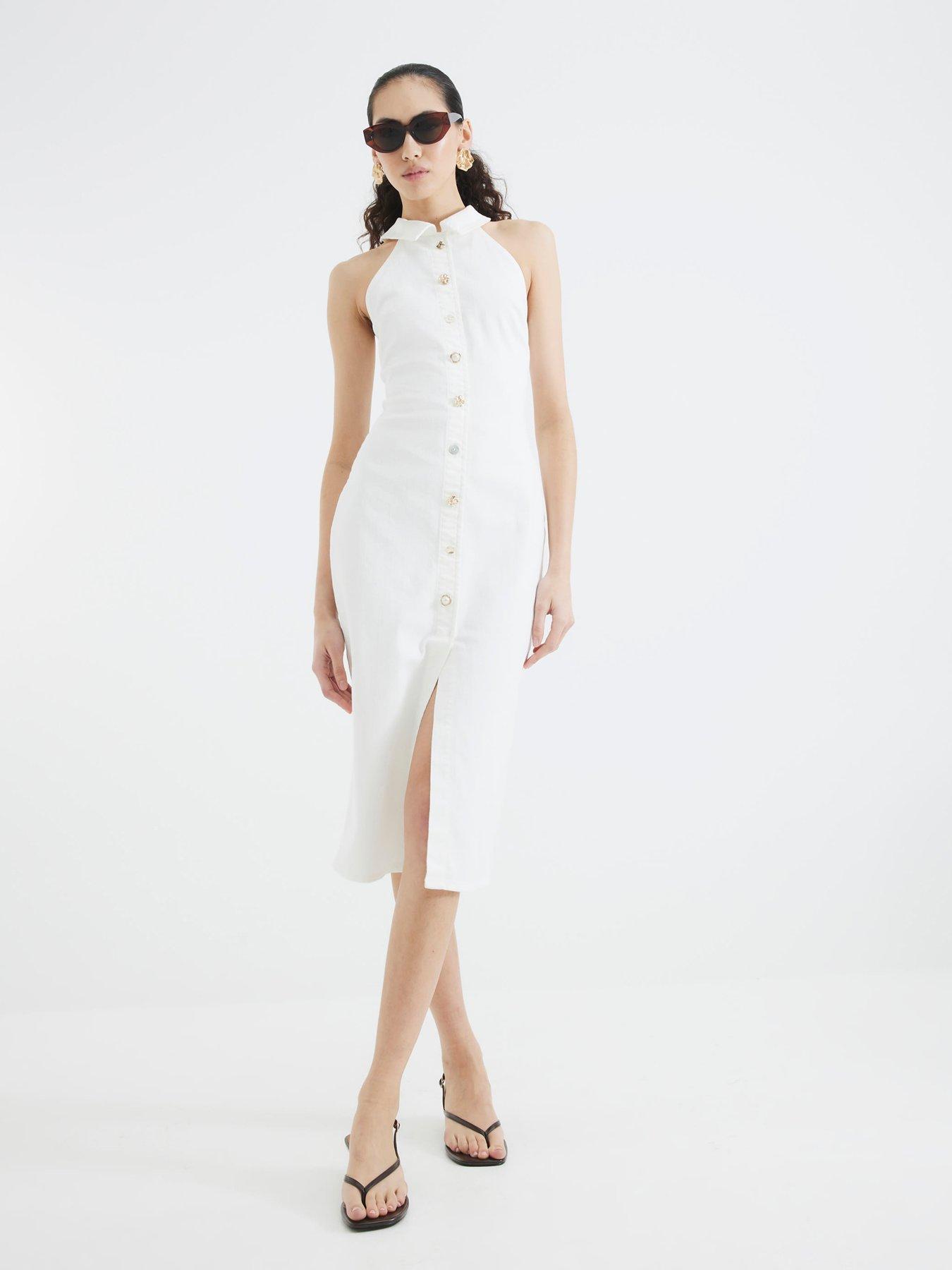 river island white denim dress Fitted Shell Button Midi - Mini denim Fit:Tailored Tall Fit global-drop-TRANS Women's Boutique Summer Dresses Adjustable straps Denim fabric