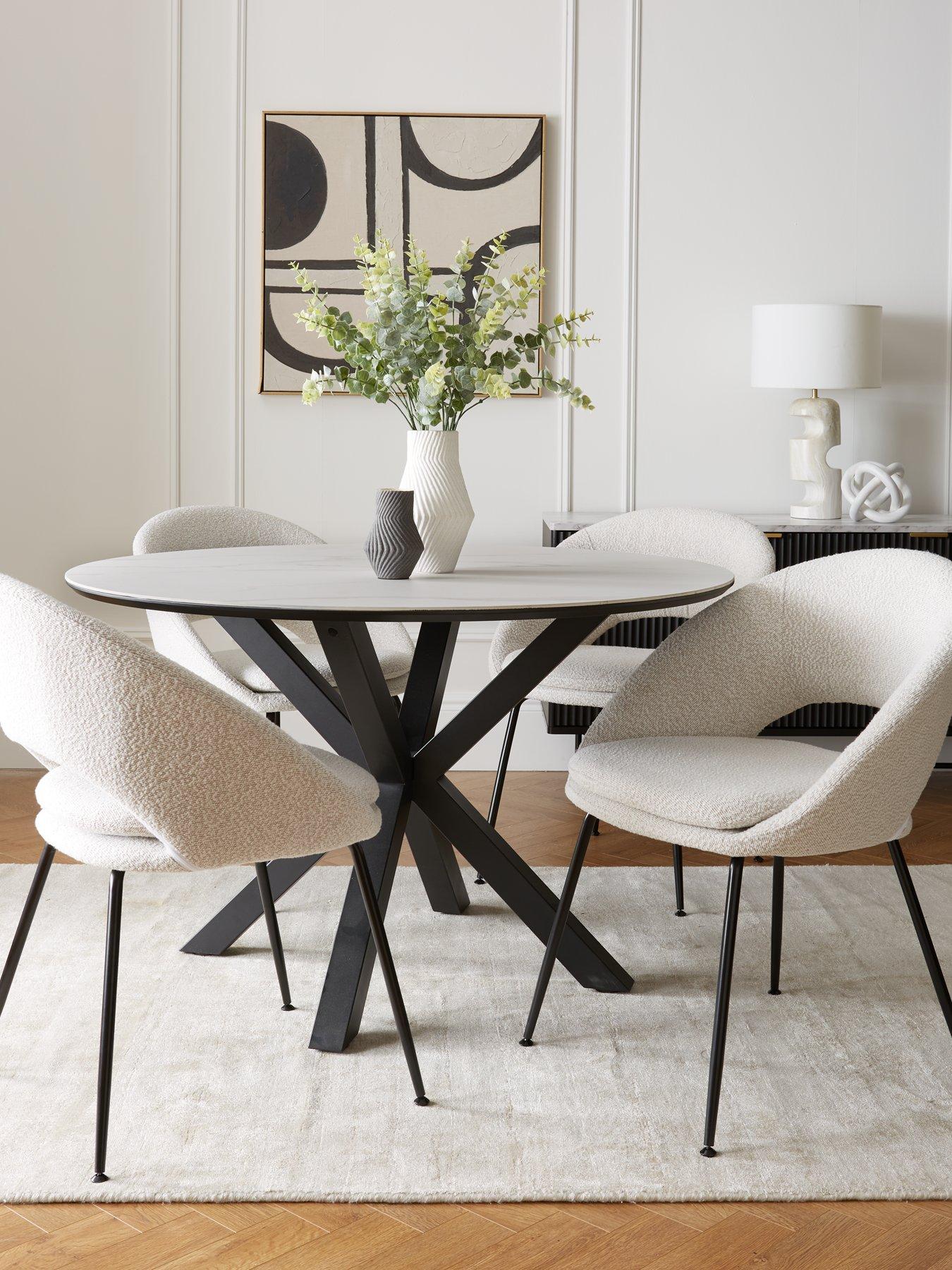 Image 1 of 6 of Very Home Arabella&nbsp;120 cm Round Dining Table + 4 Aurelia Boucle Dining Chairs - White/Black/Cream