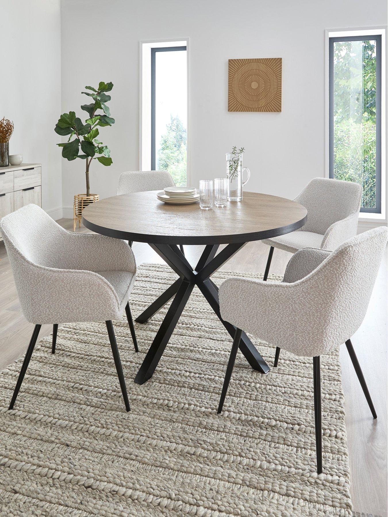  image of very-home-oslo-120nbspcm-round-oakblacknbspdining-table-4-alisha-creamnbspboucle-dining-chairs