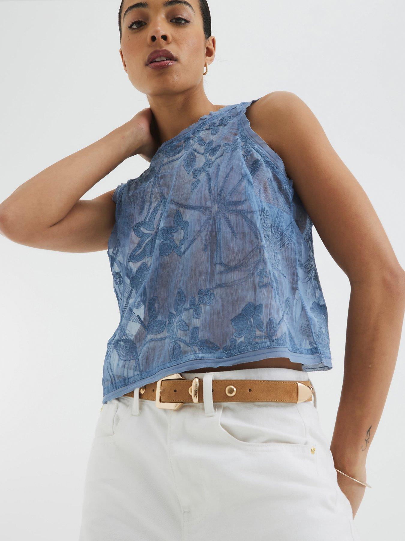  image of river-island-sleeveless-floral-embroidered-tank-top-blue