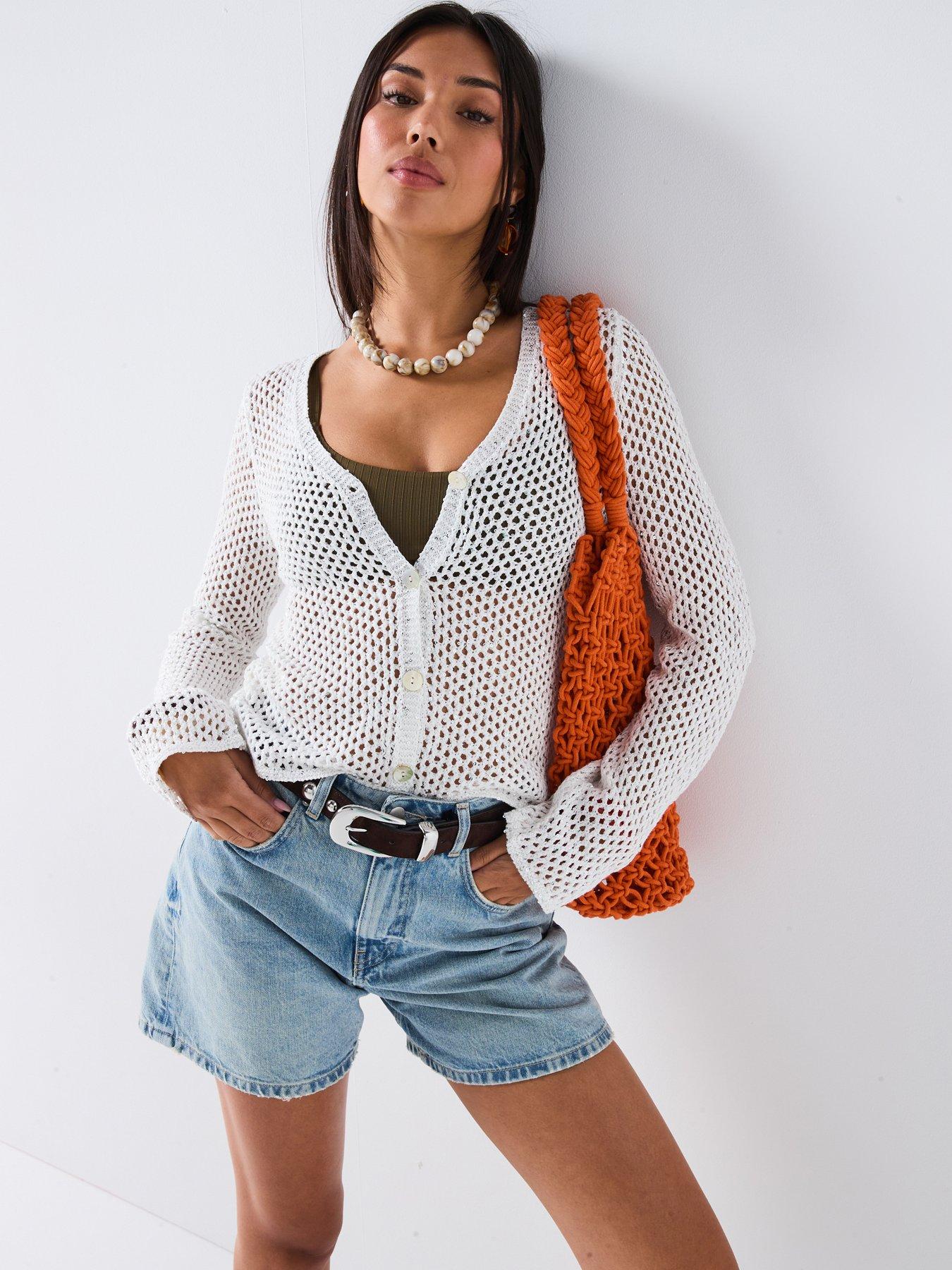 undefined Cotton Rich Open Stitch Knitted Sequin Cardigan - Cream