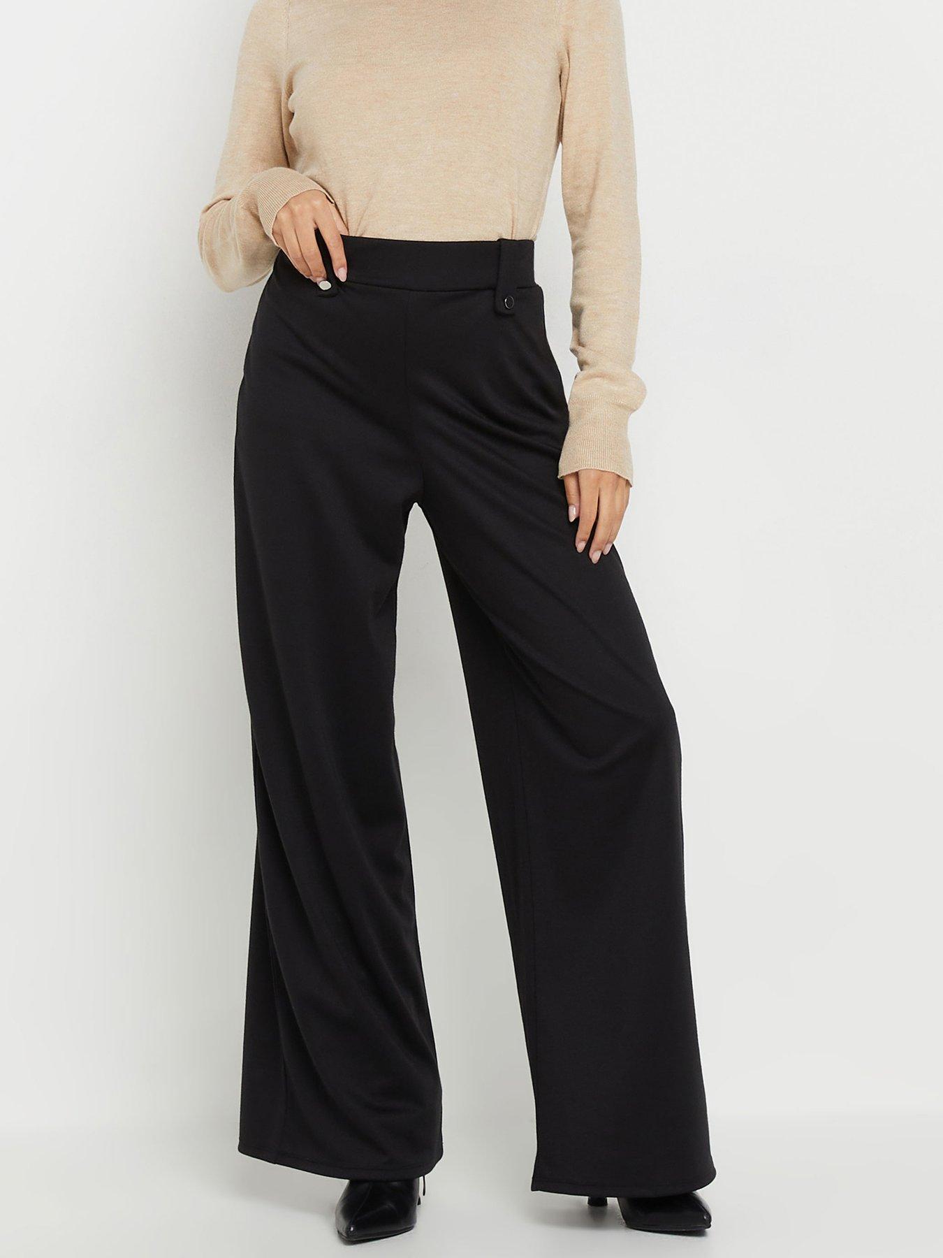  image of pixiegirl-petite-button-tab-ponte-wide-leg-trousers-black