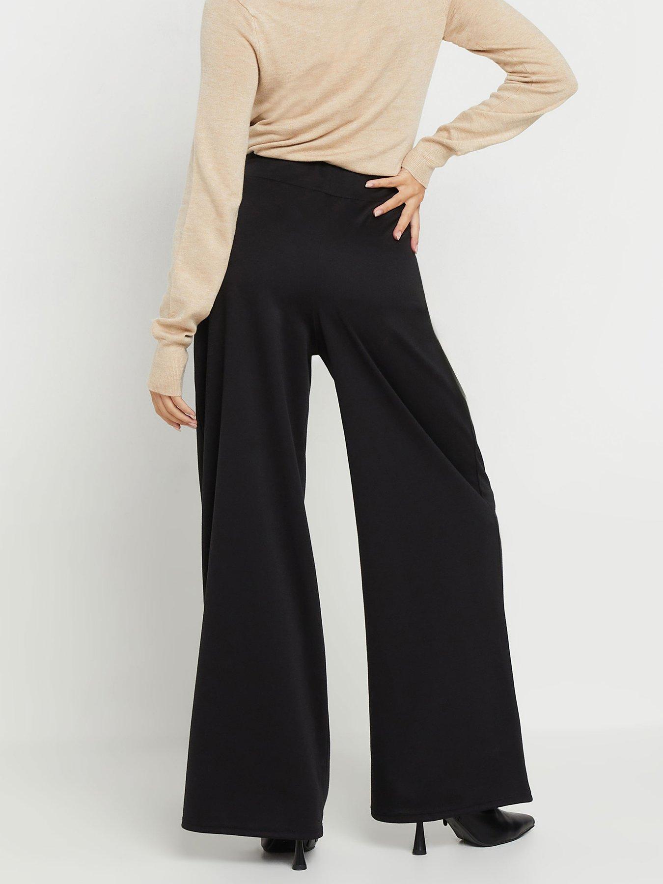  image of pixiegirl-petite-button-tab-ponte-wide-leg-trousers-black