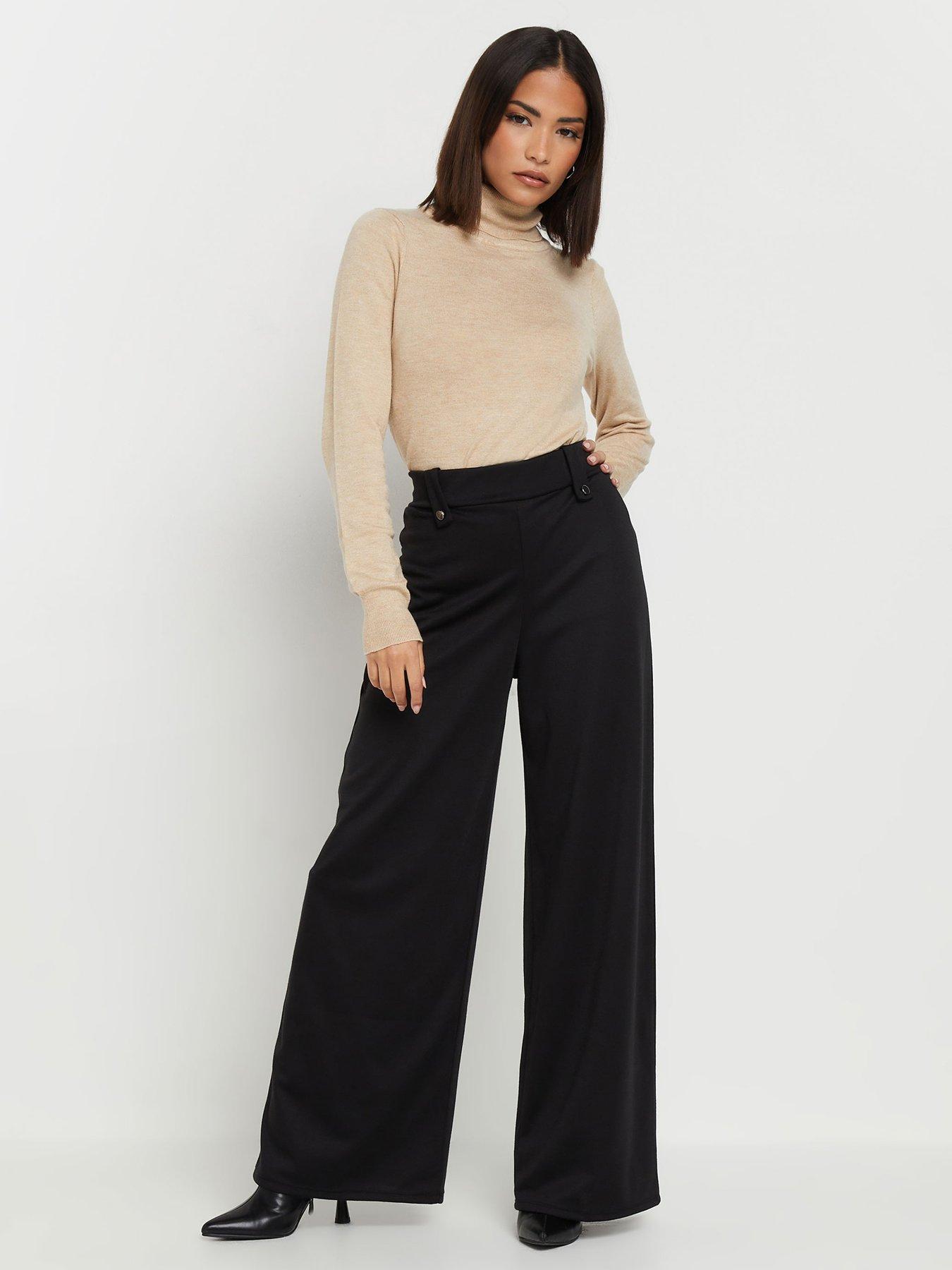  image of pixiegirl-petite-button-tab-ponte-wide-leg-trousers-black