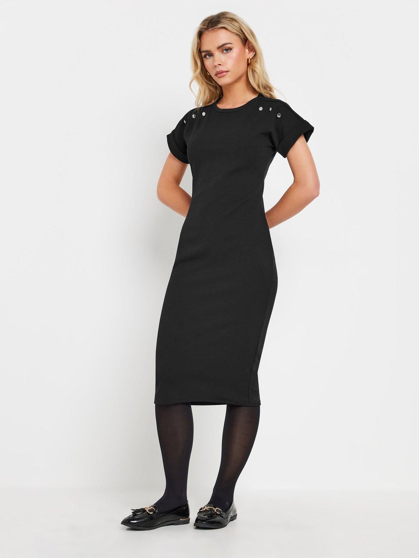 undefined Petite Button Shoulder Scuba Midi Dress - Black