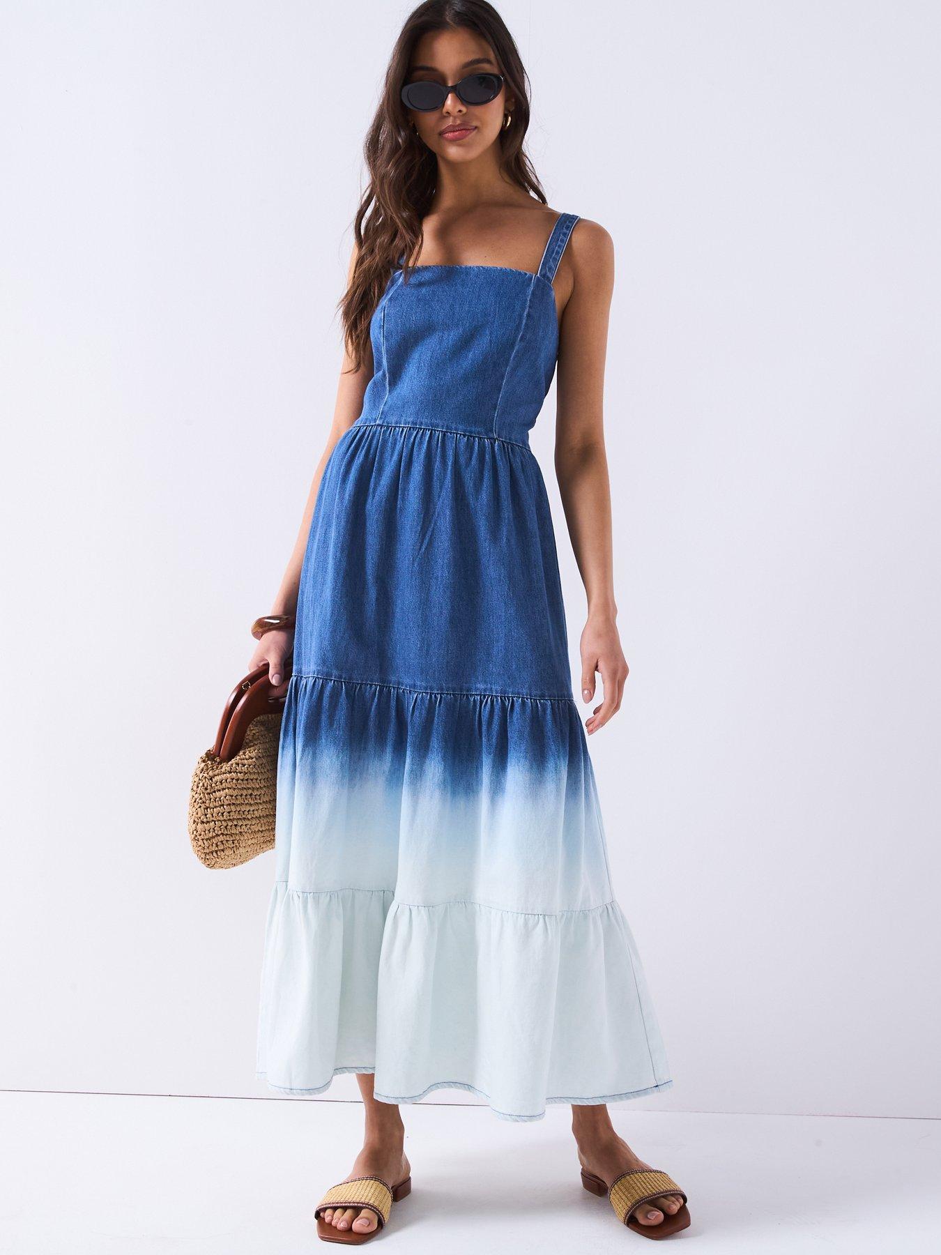 V by Very Ombre Tiered Denim Dress - Mid Wash
