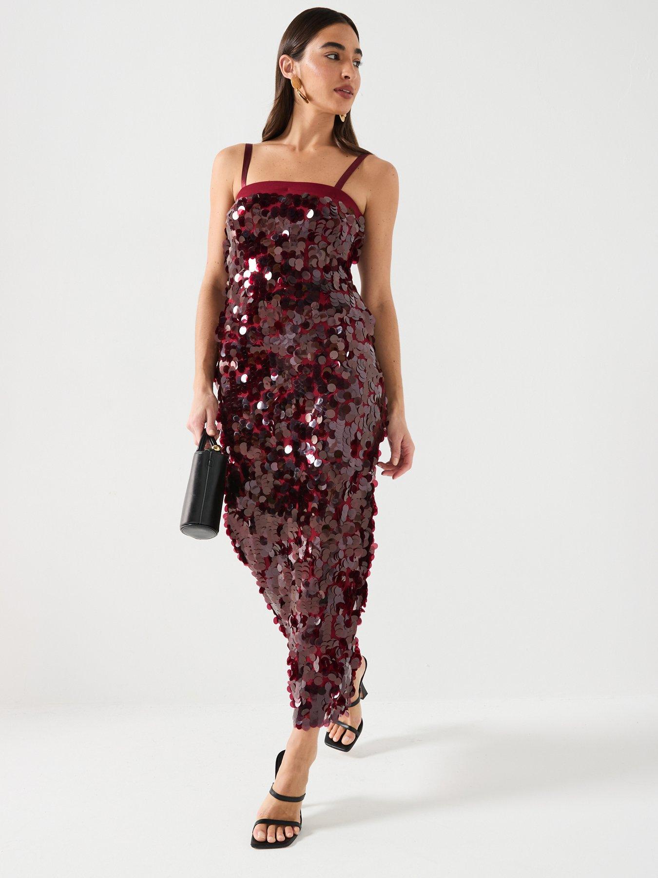 River Island Strappy Sequin Slip Dress Dark Red Littlewoods