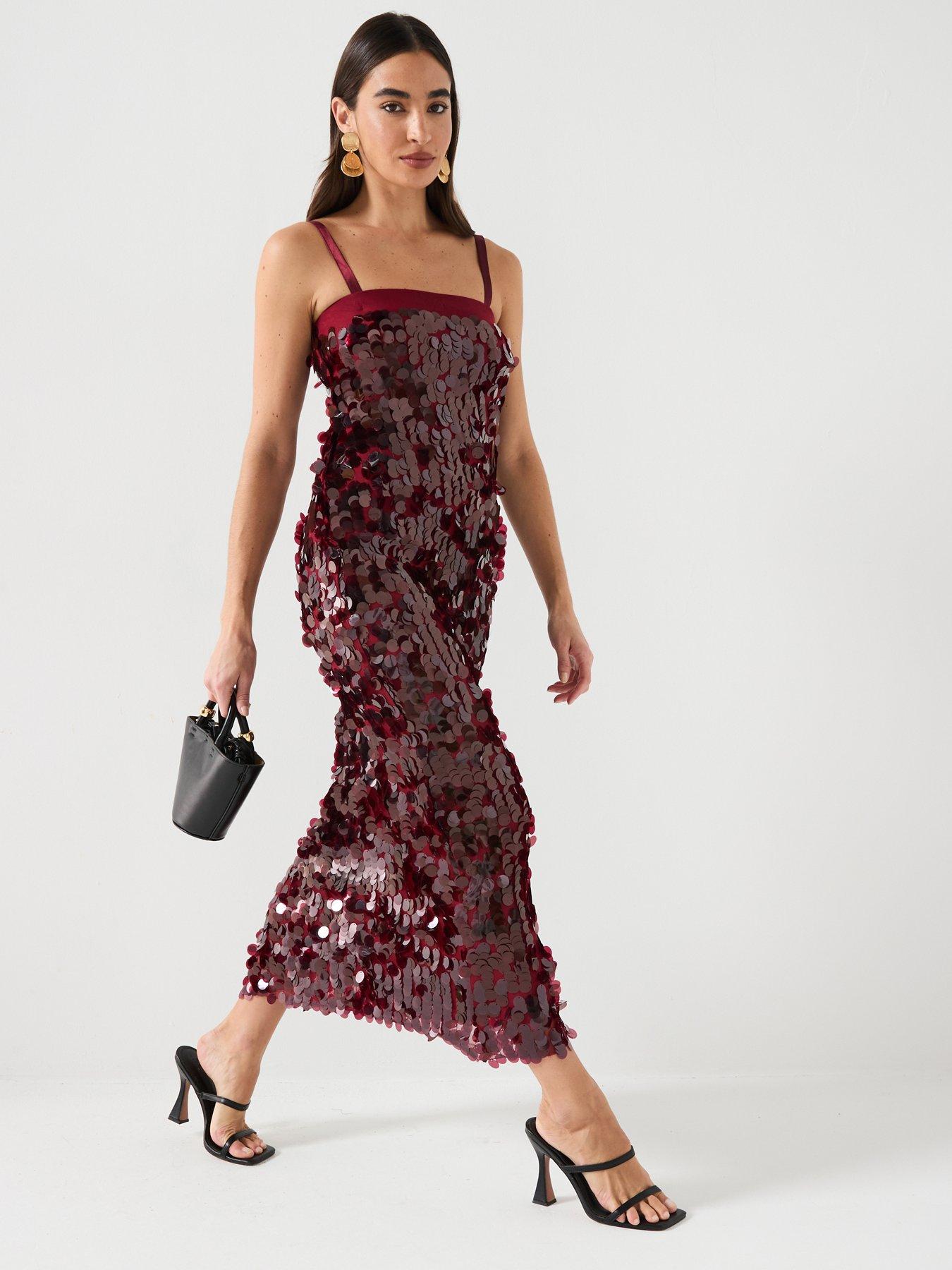 River Island Strappy Sequin Slip Dress Dark Red Littlewoods