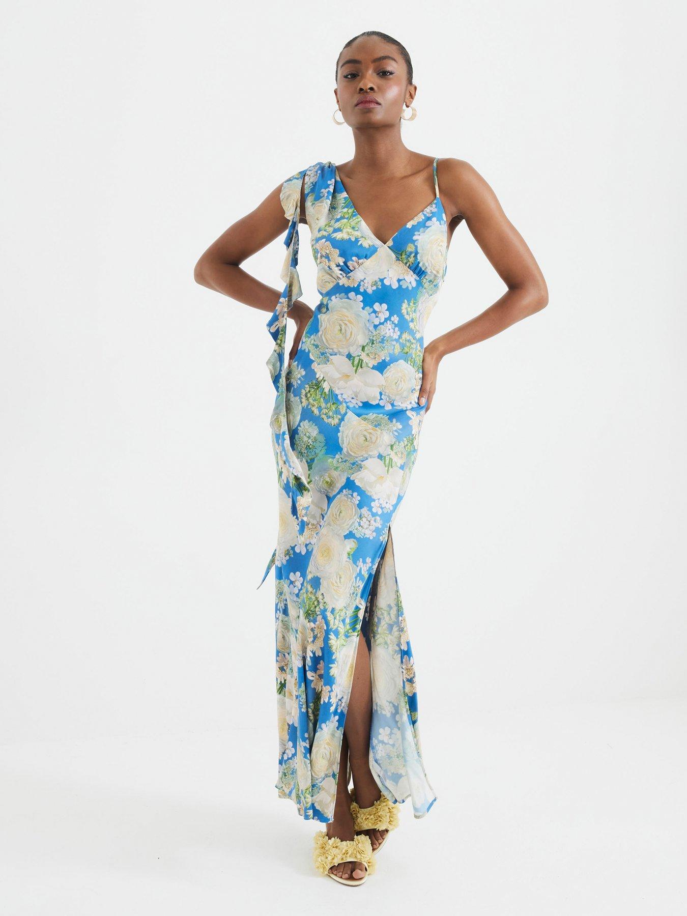 River Island Ruffle Bias Slip Dress - Blue