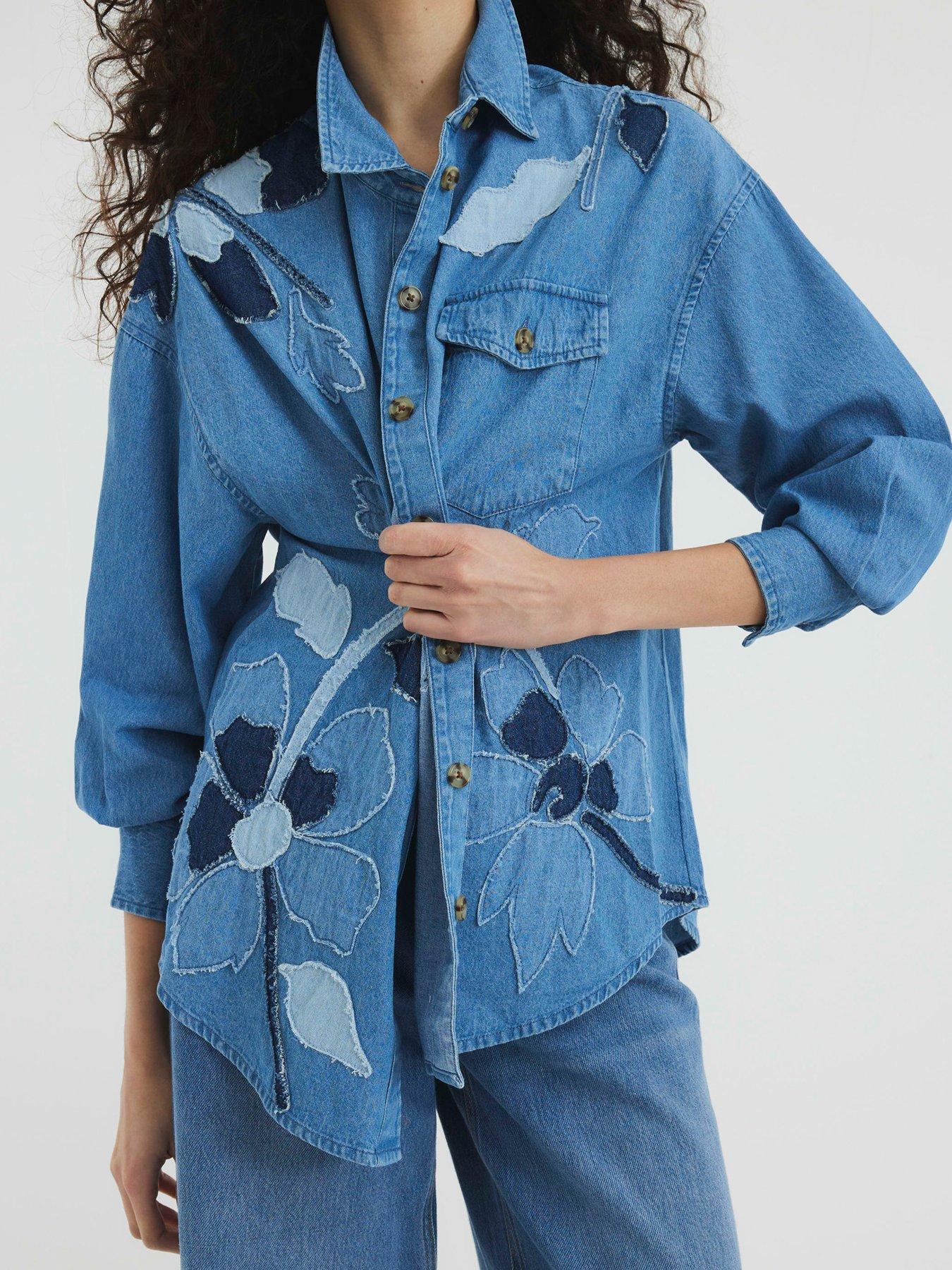  image of river-island-floral-denim-shirt-blue-blue