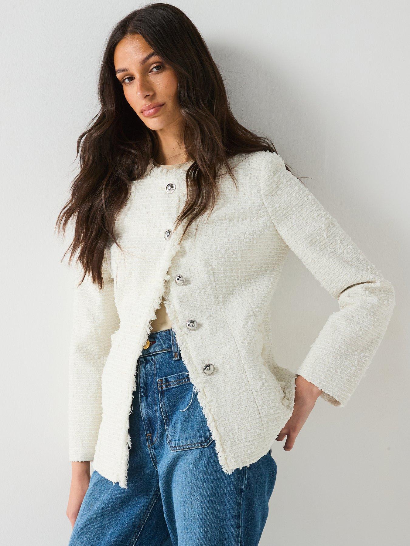  image of river-island-collarless-boucle-jacket-cream