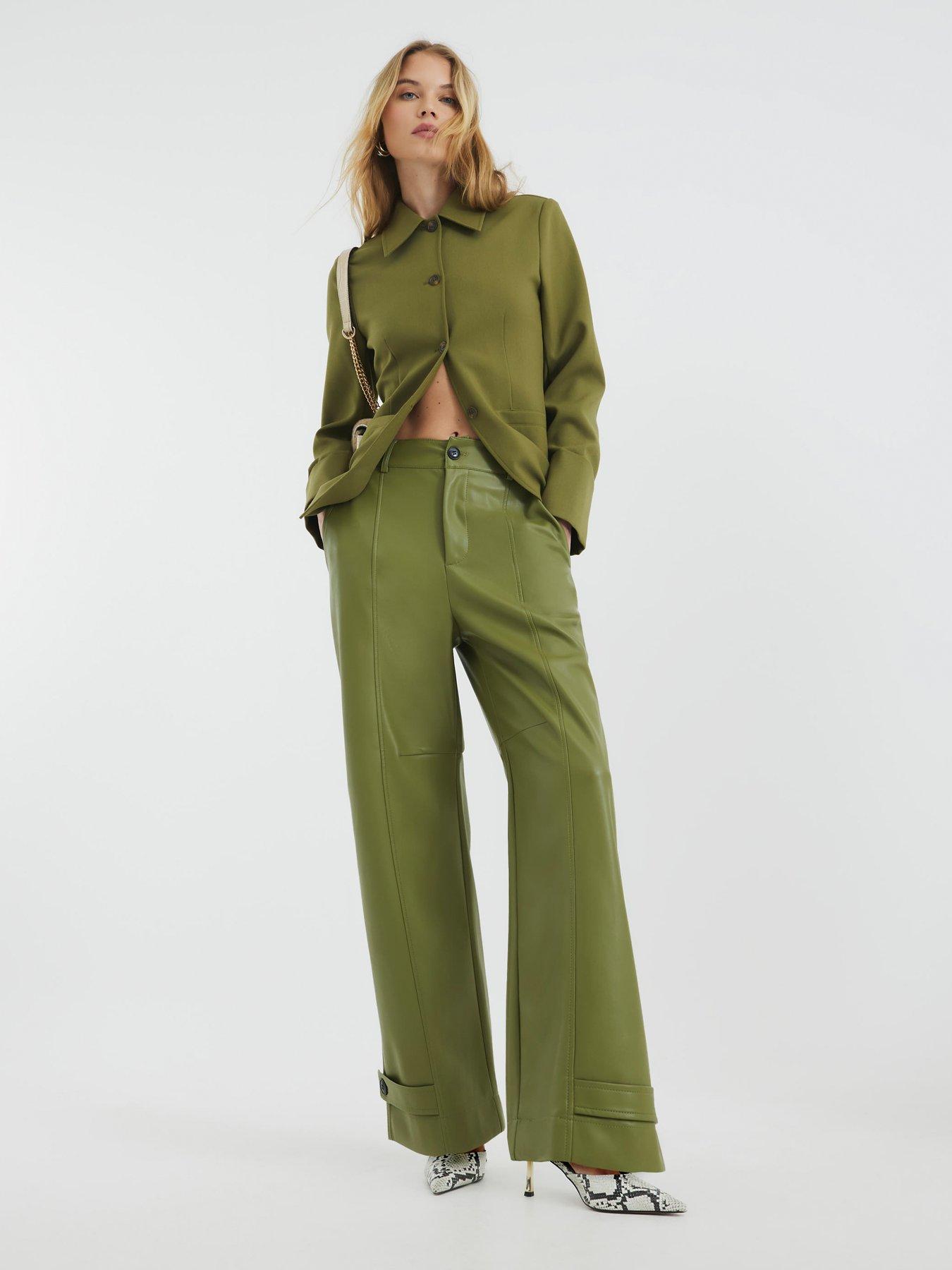 River Island Cuff Detail Wide Leg Trouser - Green