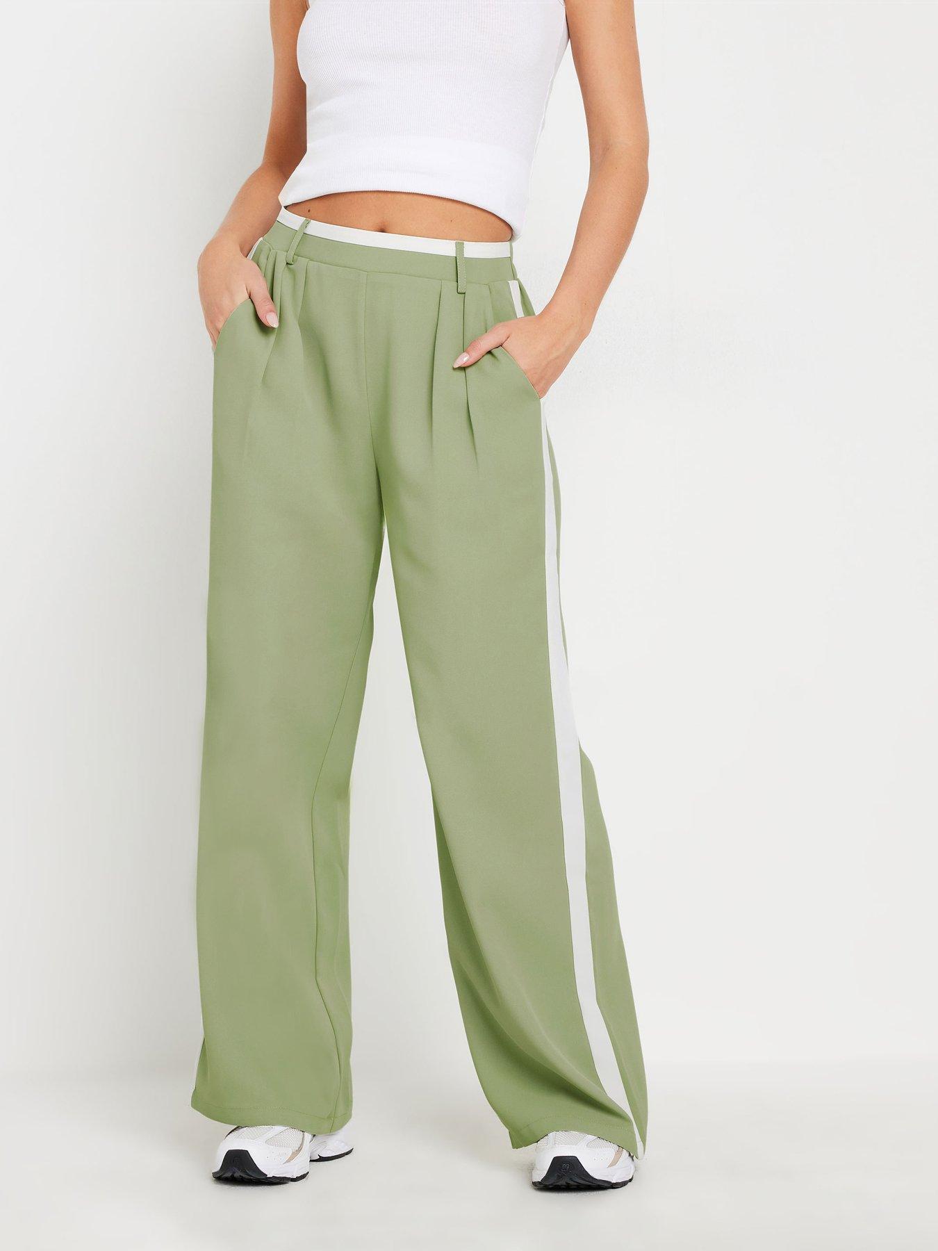 undefined Petite Contrast Side Stripe Wide Leg Trousers - Green