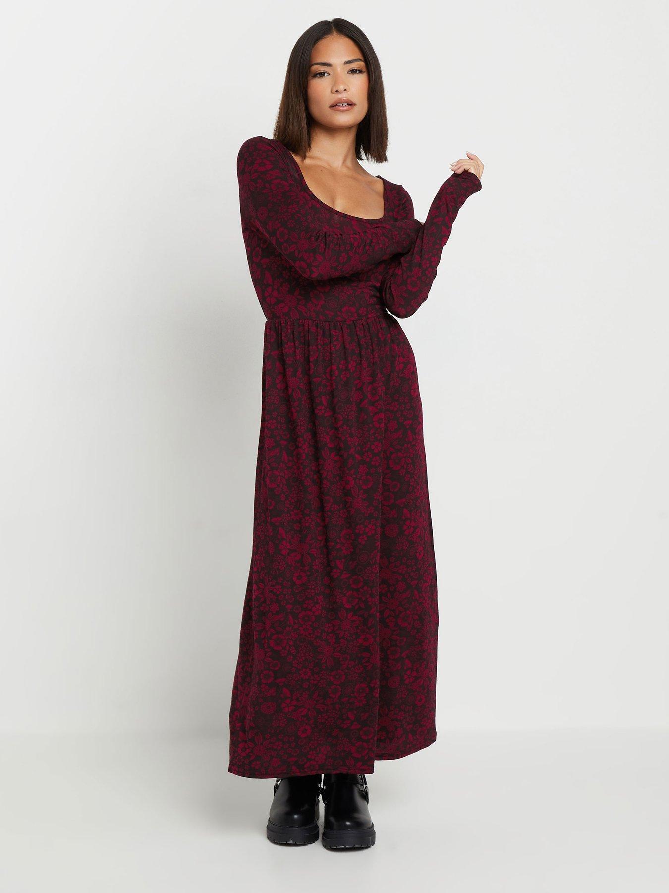 undefined Petite Floral Long Sleeve Midi Dress - Red