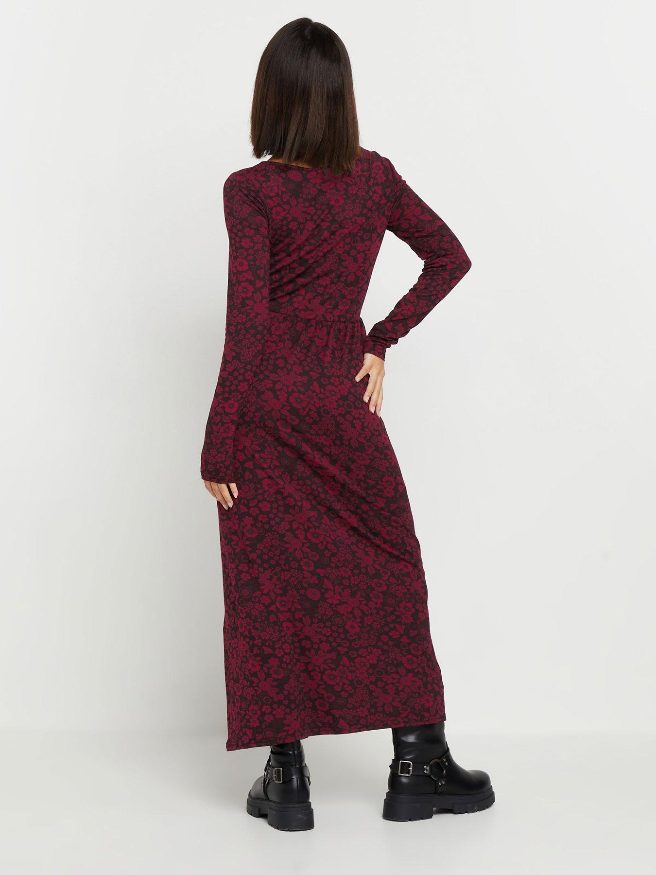  image of pixiegirl-petite-floral-long-sleeve-midi-dress-red