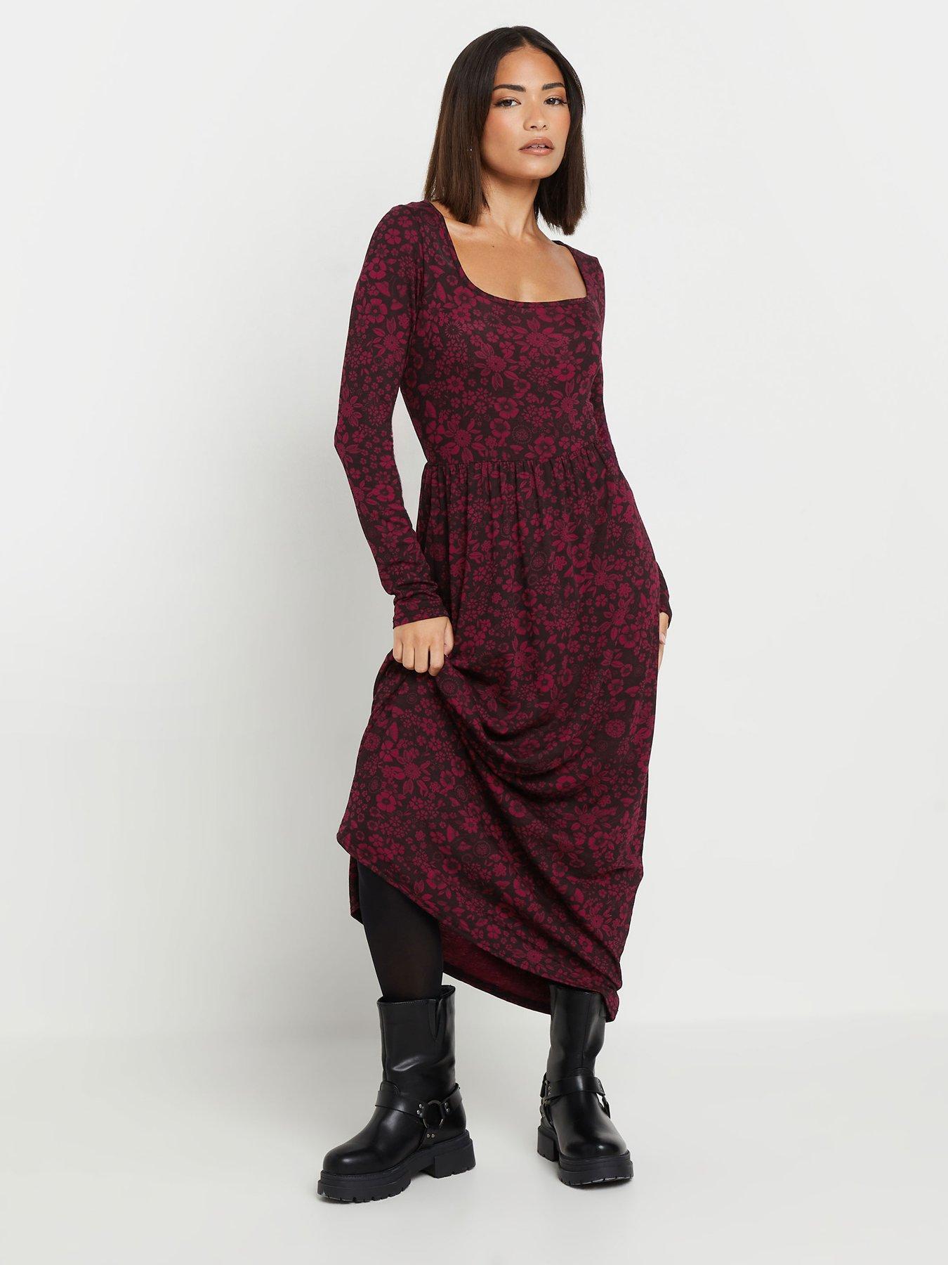  image of pixiegirl-petite-floral-long-sleeve-midi-dress-red