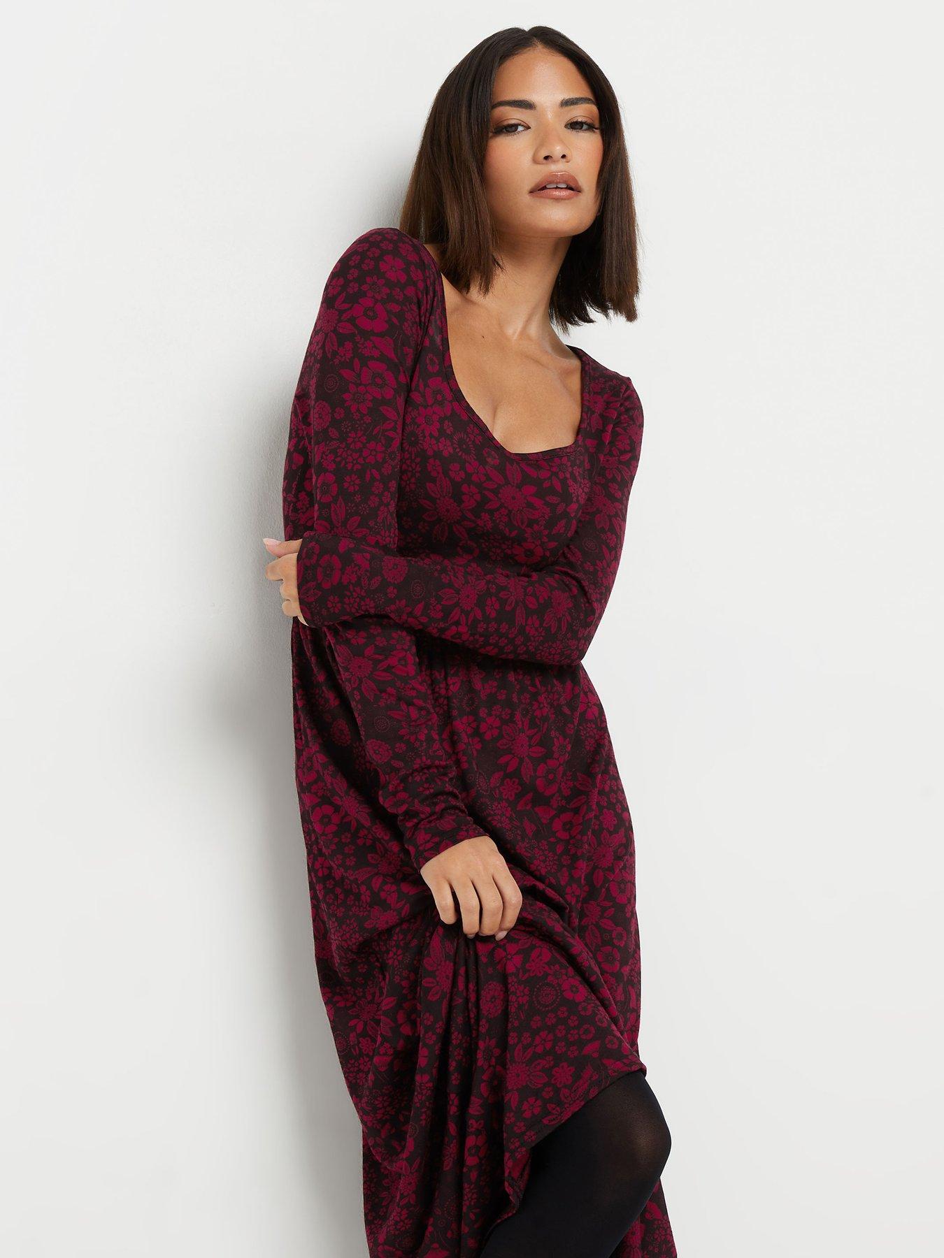  image of pixiegirl-petite-floral-long-sleeve-midi-dress-red