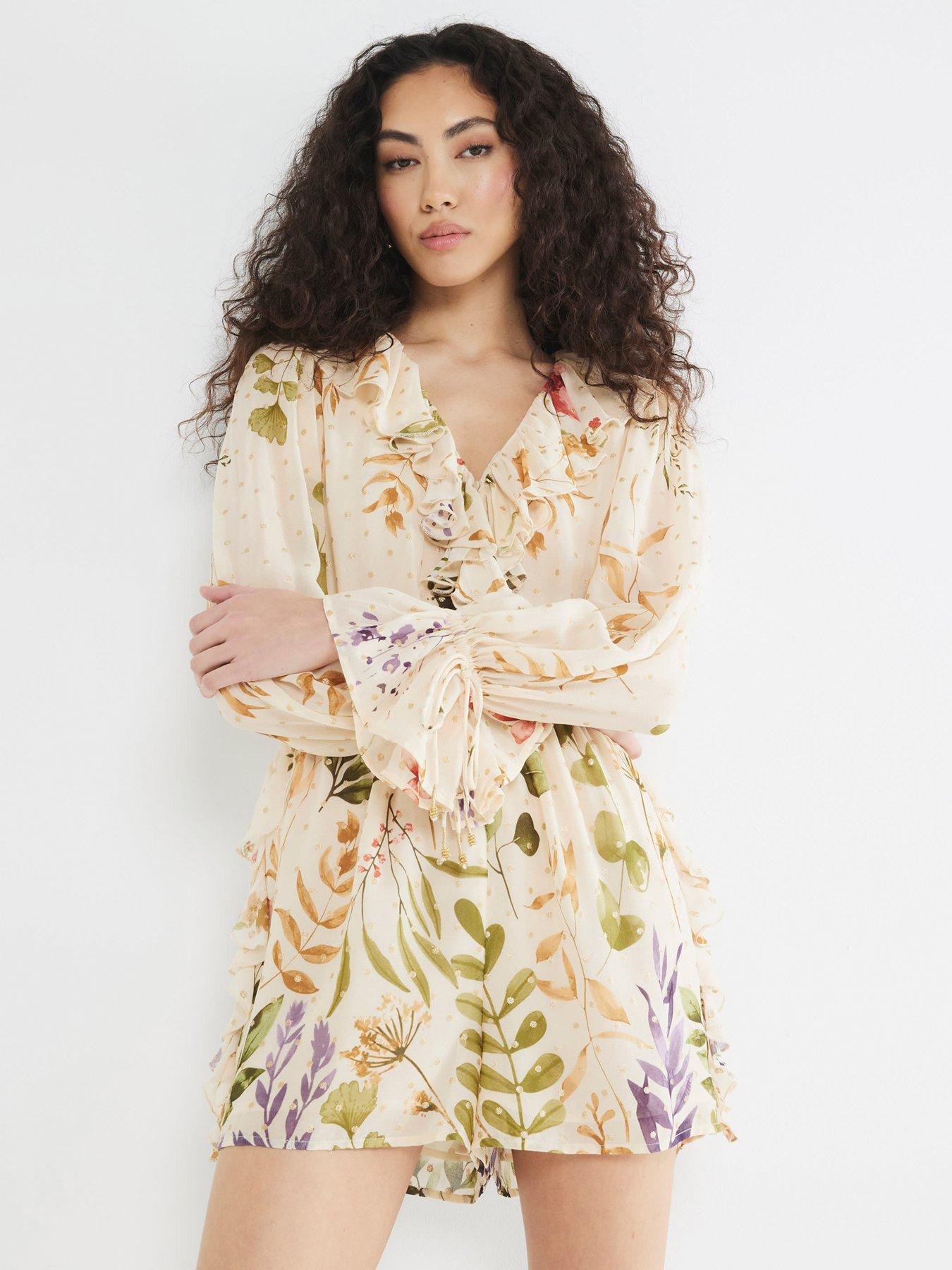 undefined Floral Ruffle Playsuit - Cream