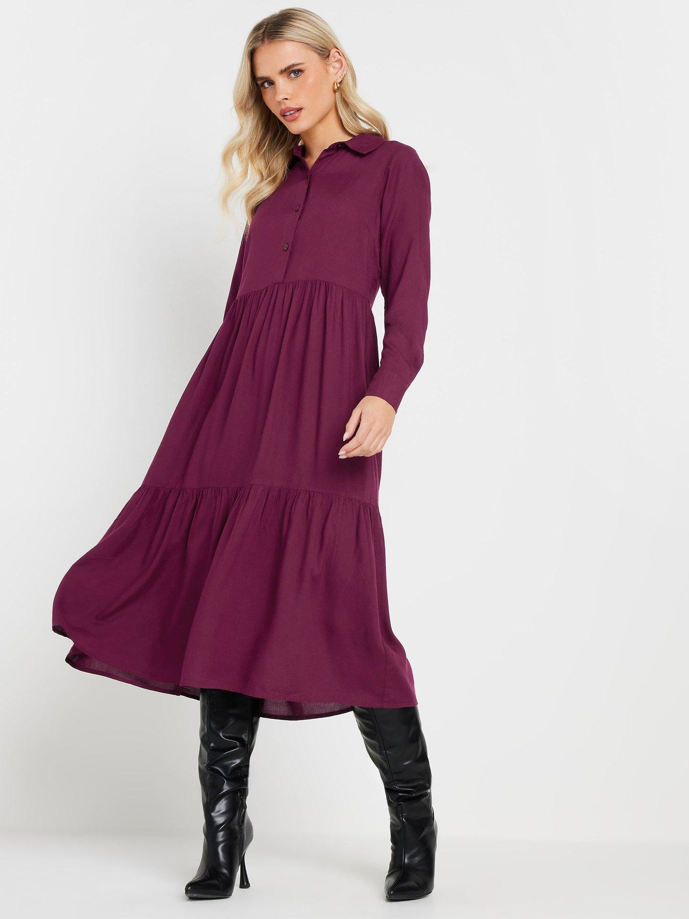undefined Petite Long Sleeve Smock Button Midi Dress - Red