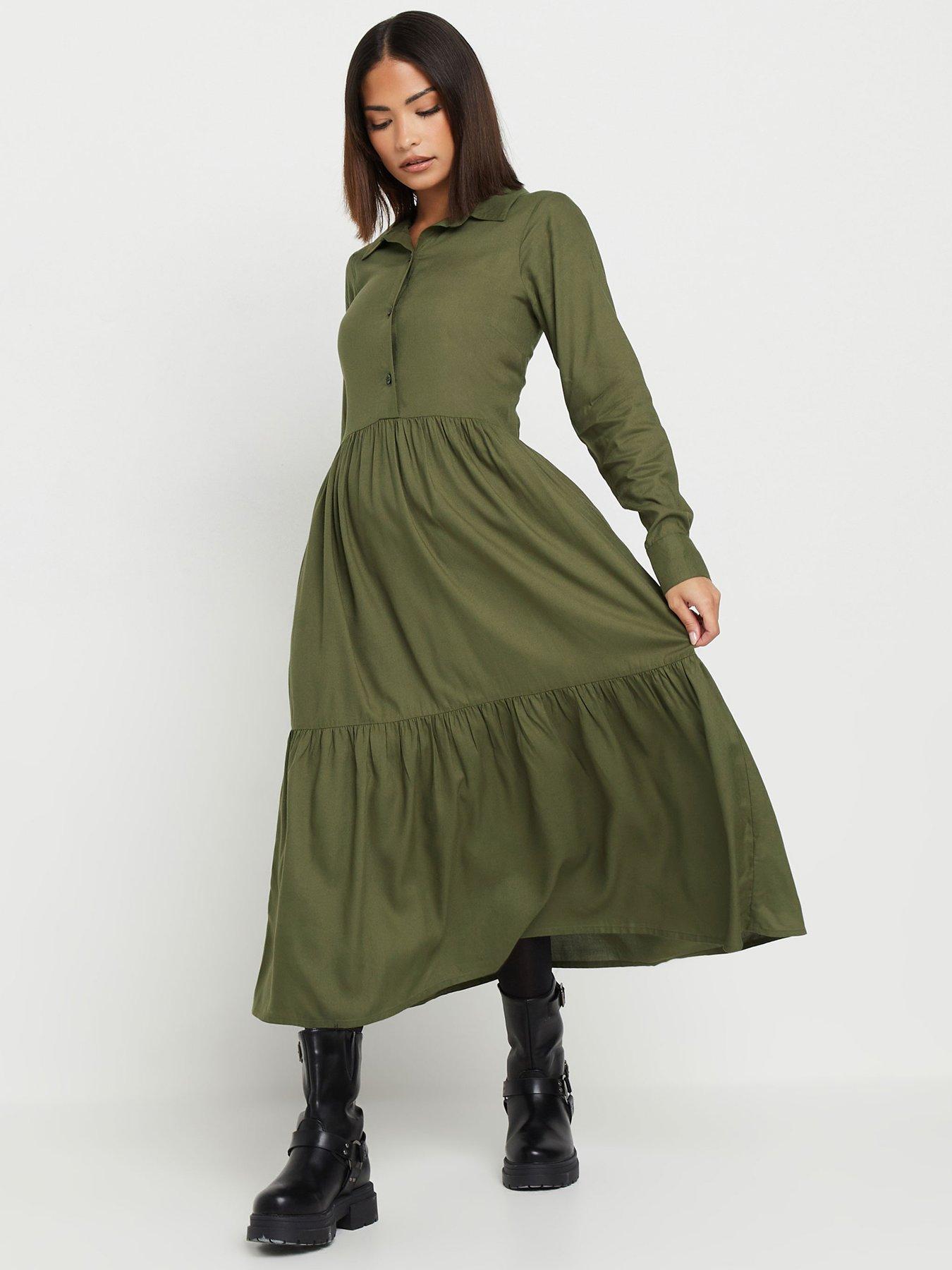 undefined Petite Long Sleeve Smock Button Midi Dress - Green