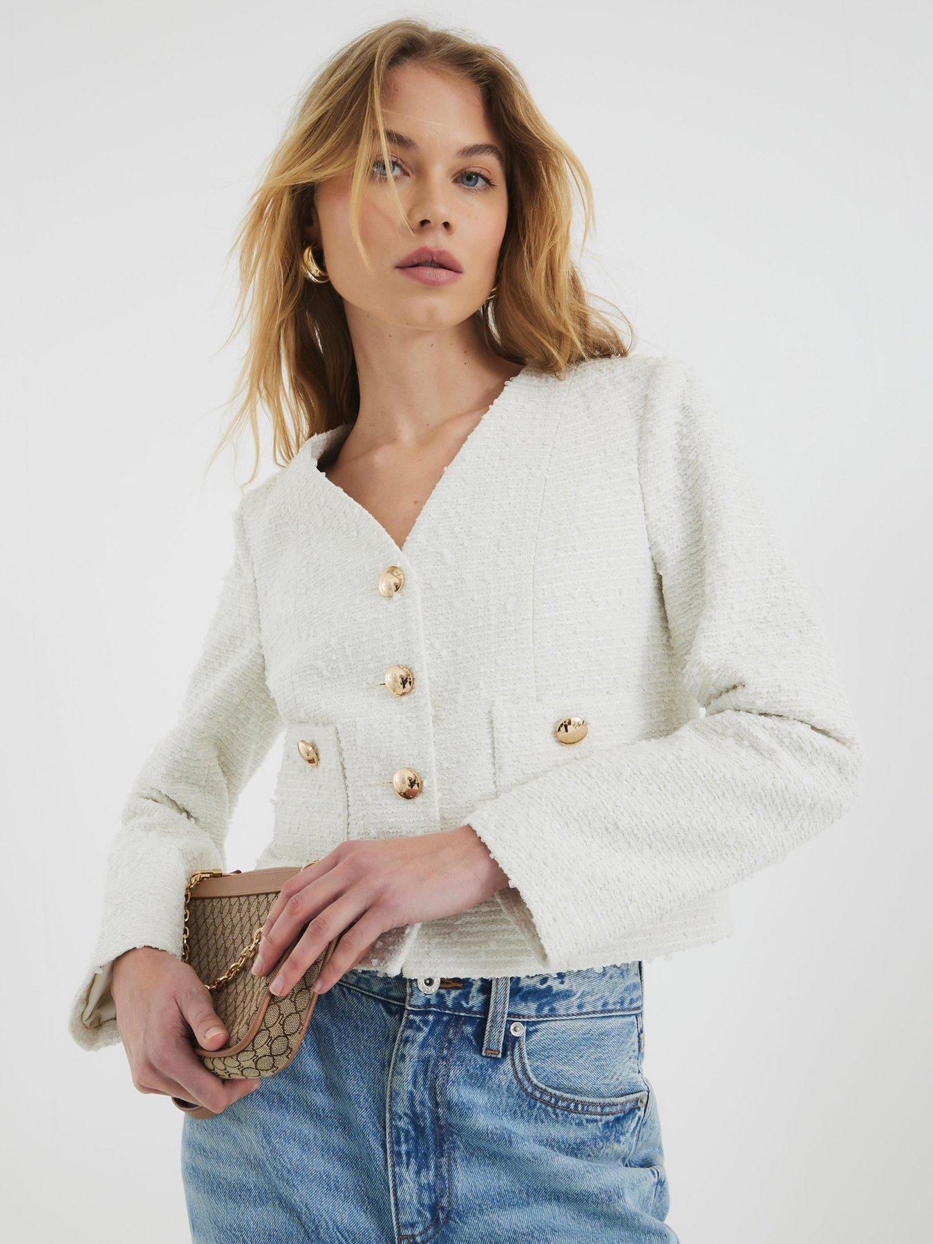  image of river-island-pocket-detail-boucle-jacket-cream
