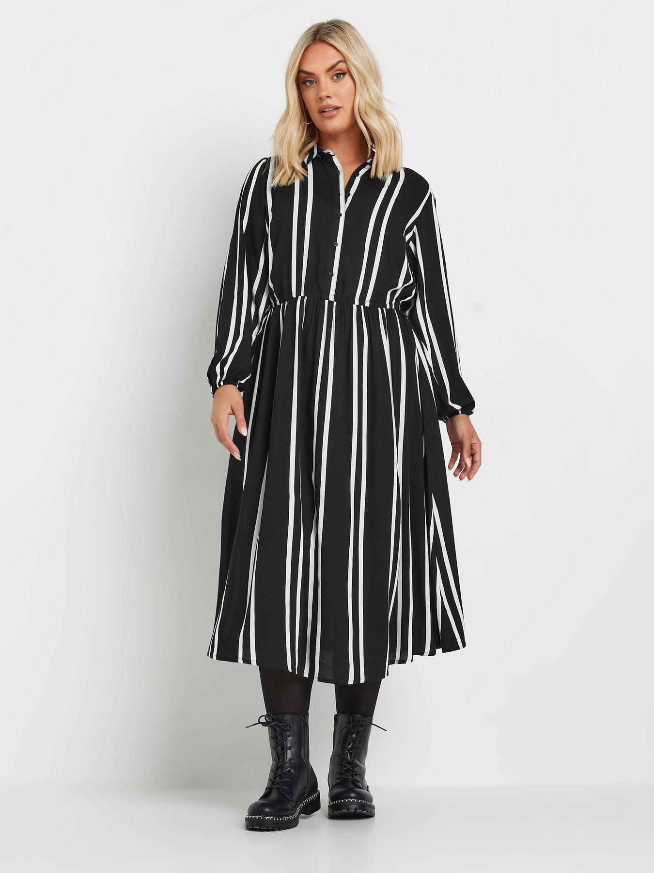 undefined Curve Long Sleeve Stripe Shirt Dress - Black