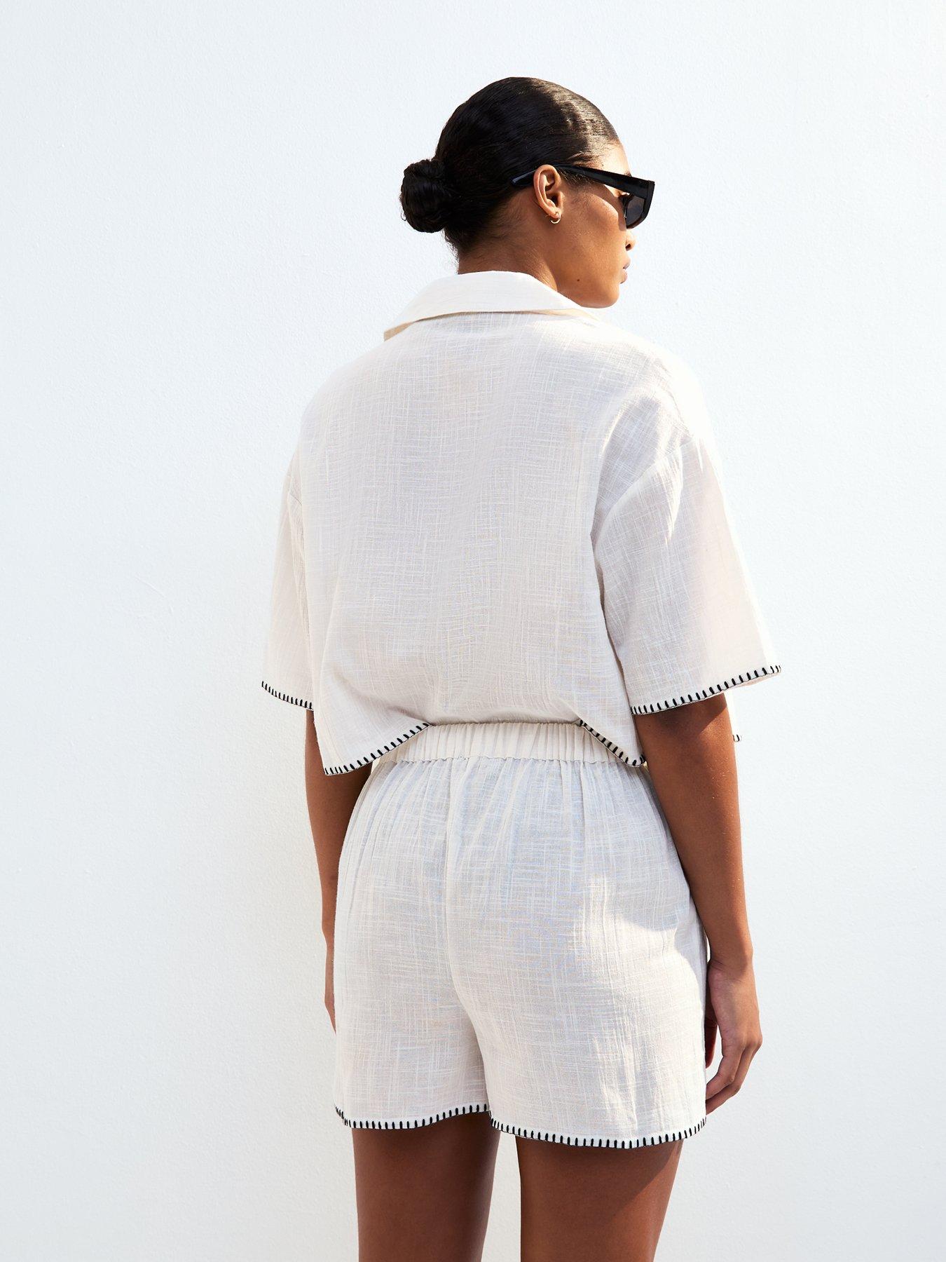  image of new-look-cream-textured-blanket-stitch-beach-shorts