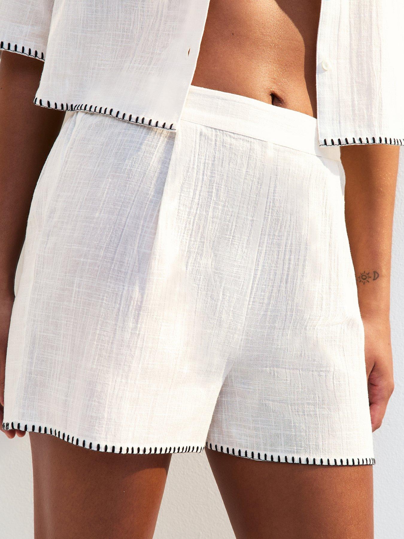  image of new-look-cream-textured-blanket-stitch-beach-shorts