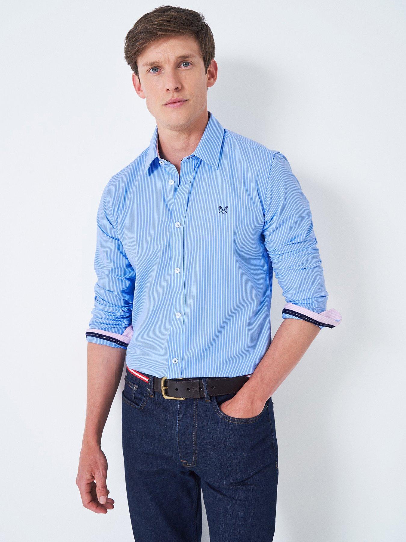  image of crew-clothing-slim-micro-stripe-long-sleeve-shirt-blue