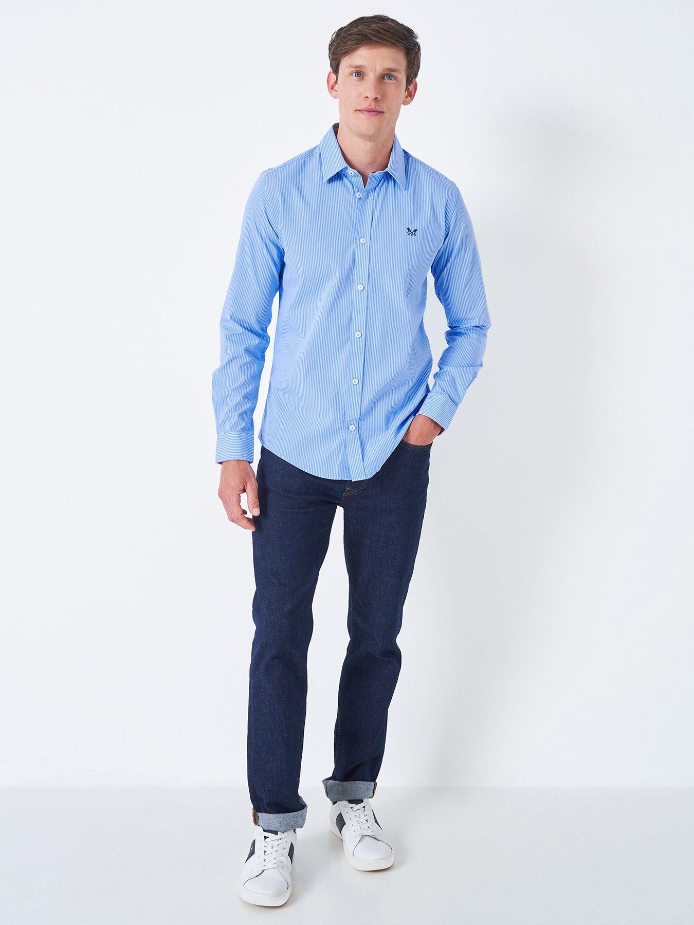  image of crew-clothing-slim-micro-stripe-long-sleeve-shirt-blue