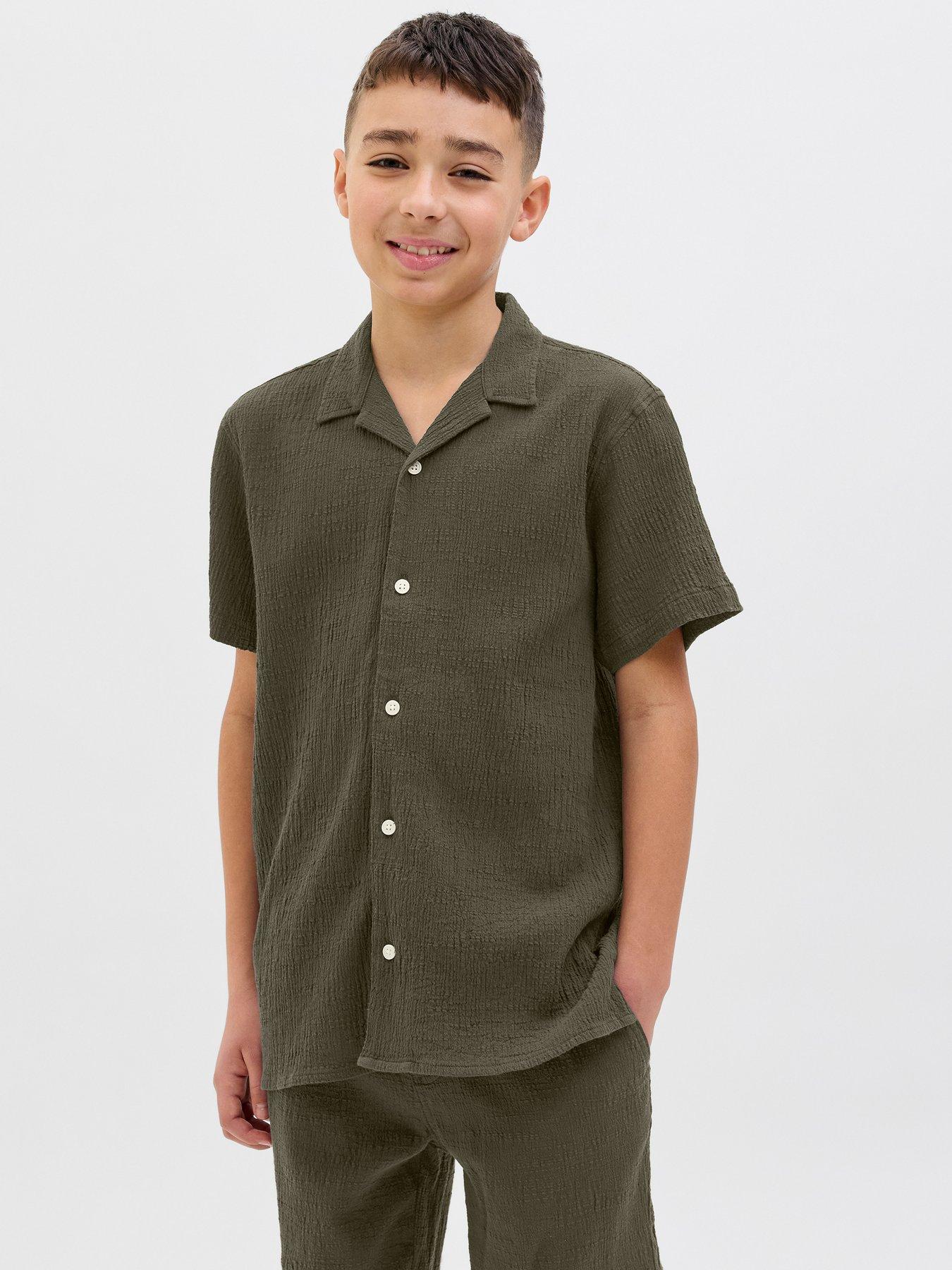 Jack & Jones Junior Boys Crinkle Co-ord Short Sleeve Shirt - Khaki