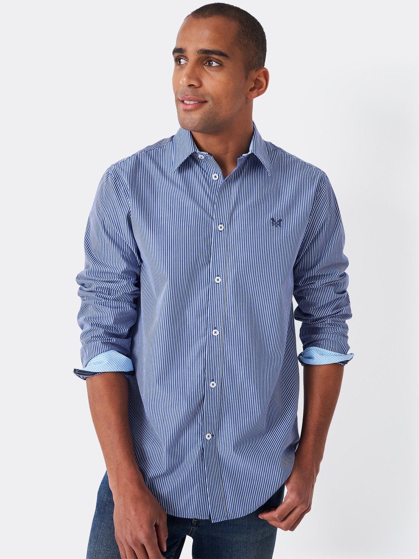 image of crew-clothing-classic-micro-stripe-long-sleeve-shirt-blue