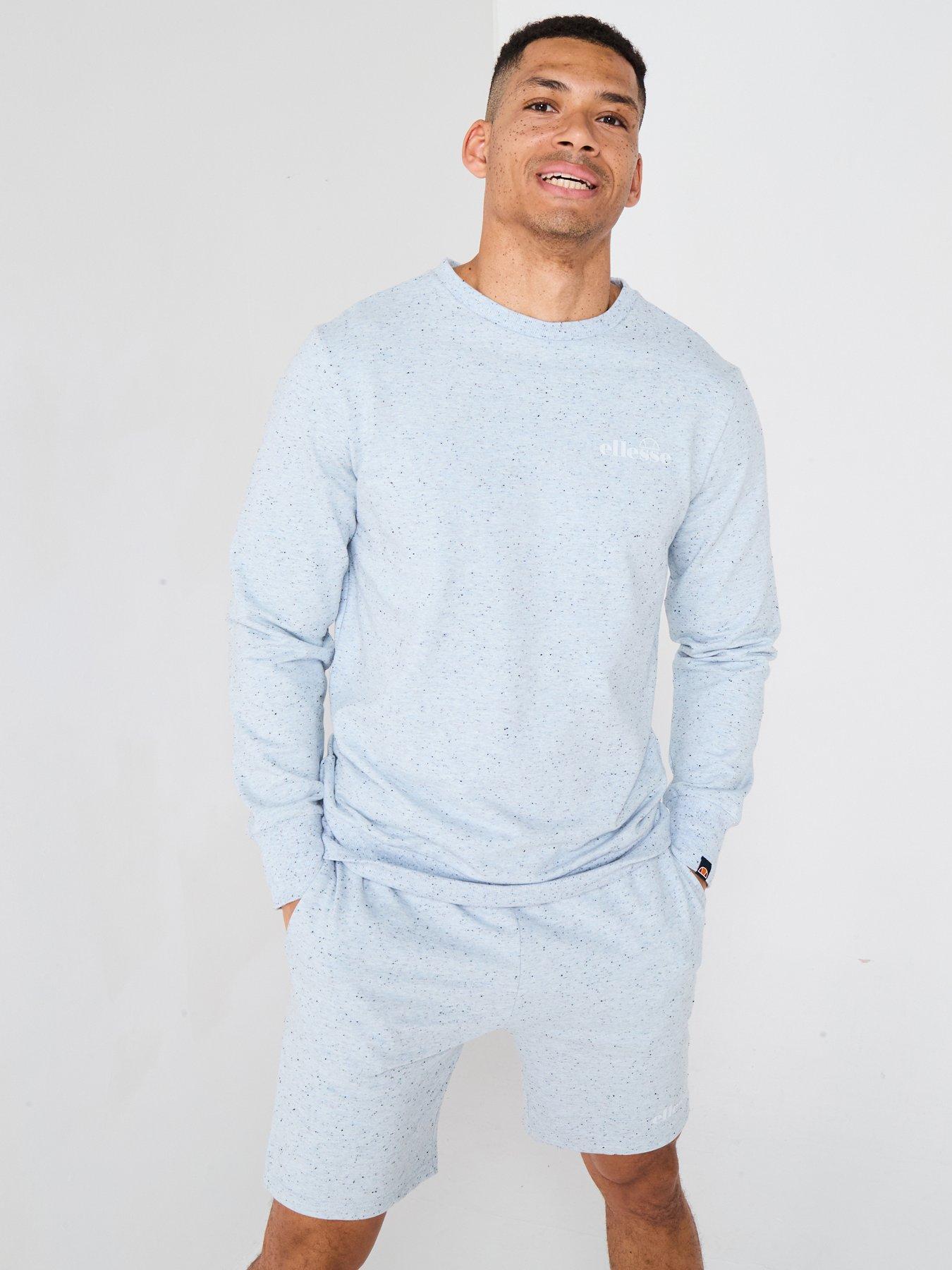front image of ellesse-mens-very-exclusive-miscuglio-crew-and-short-set-blue-speckle