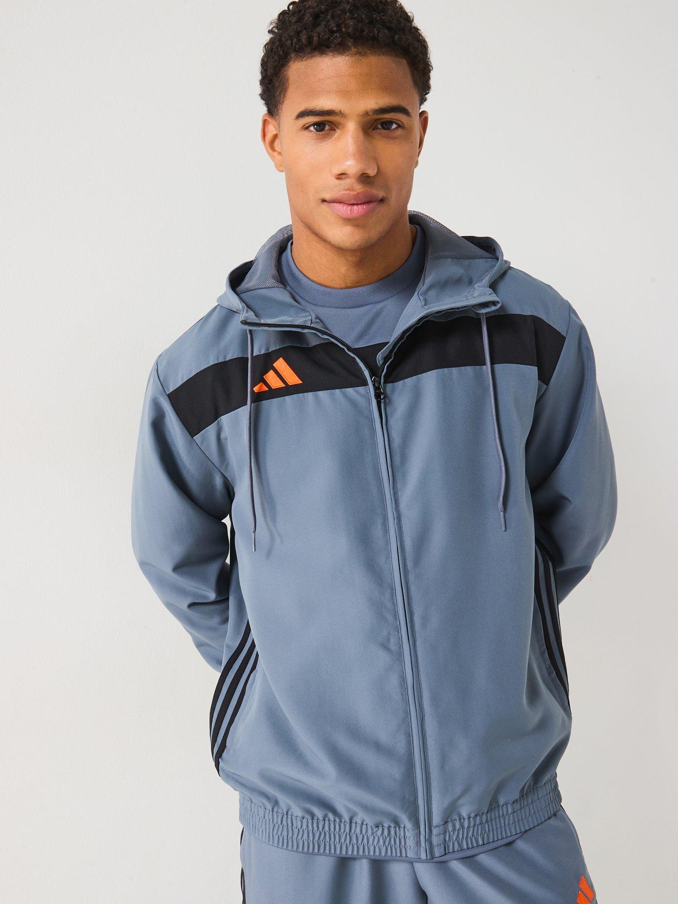  image of adidas-mens-tiro-essentials-woven-hoody-greyorange