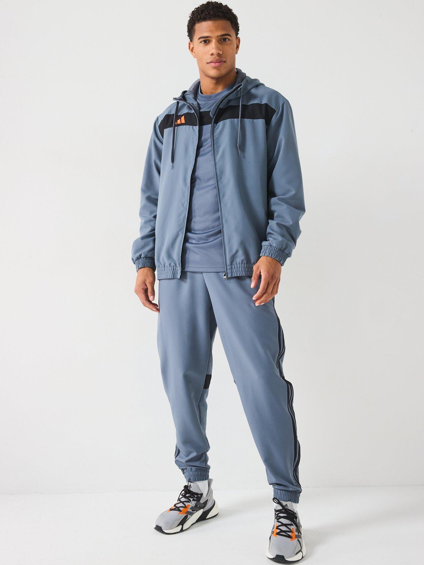  image of adidas-mens-tiro-essentials-woven-hoody-greyorange