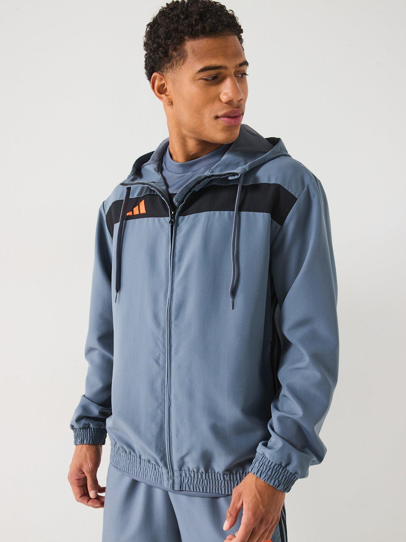  image of adidas-mens-tiro-essentials-woven-hoody-greyorange