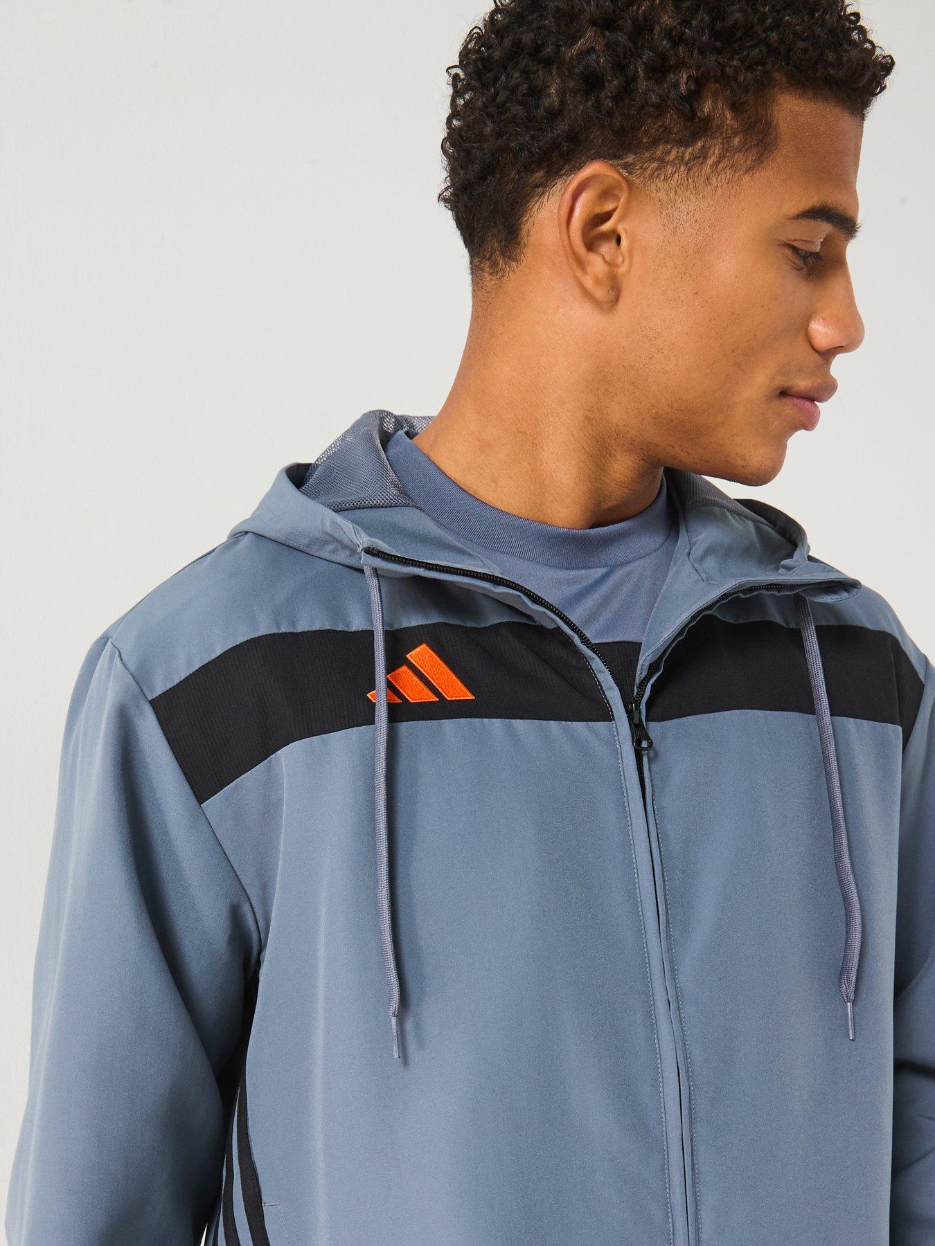  image of adidas-mens-tiro-essentials-woven-hoody-greyorange