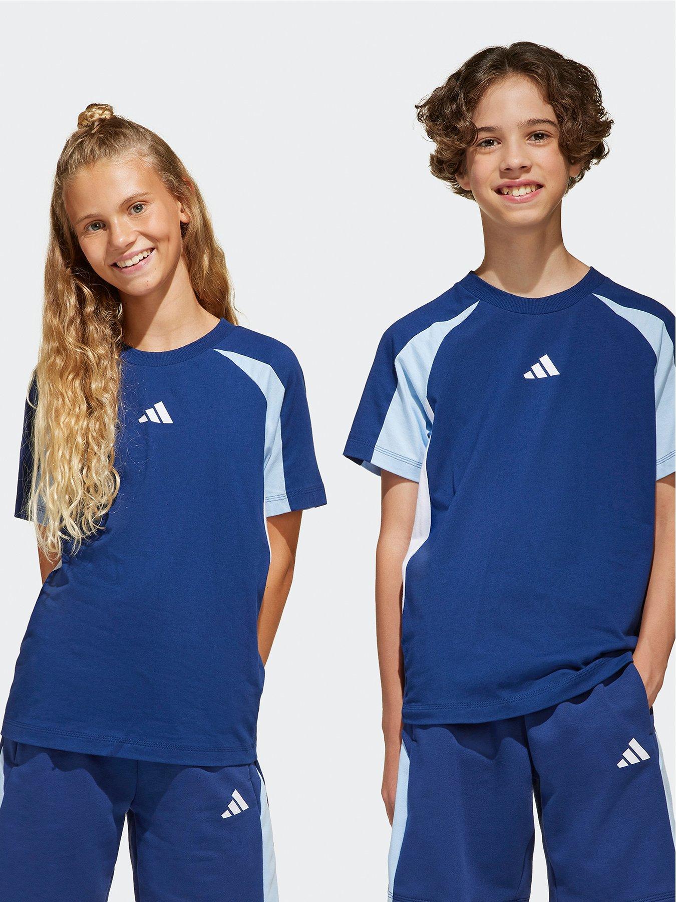  image of adidas-sportswear-junior-boys-seasonal-essentials-colorblock-t-shirt-dark-blueglow-bluewhite